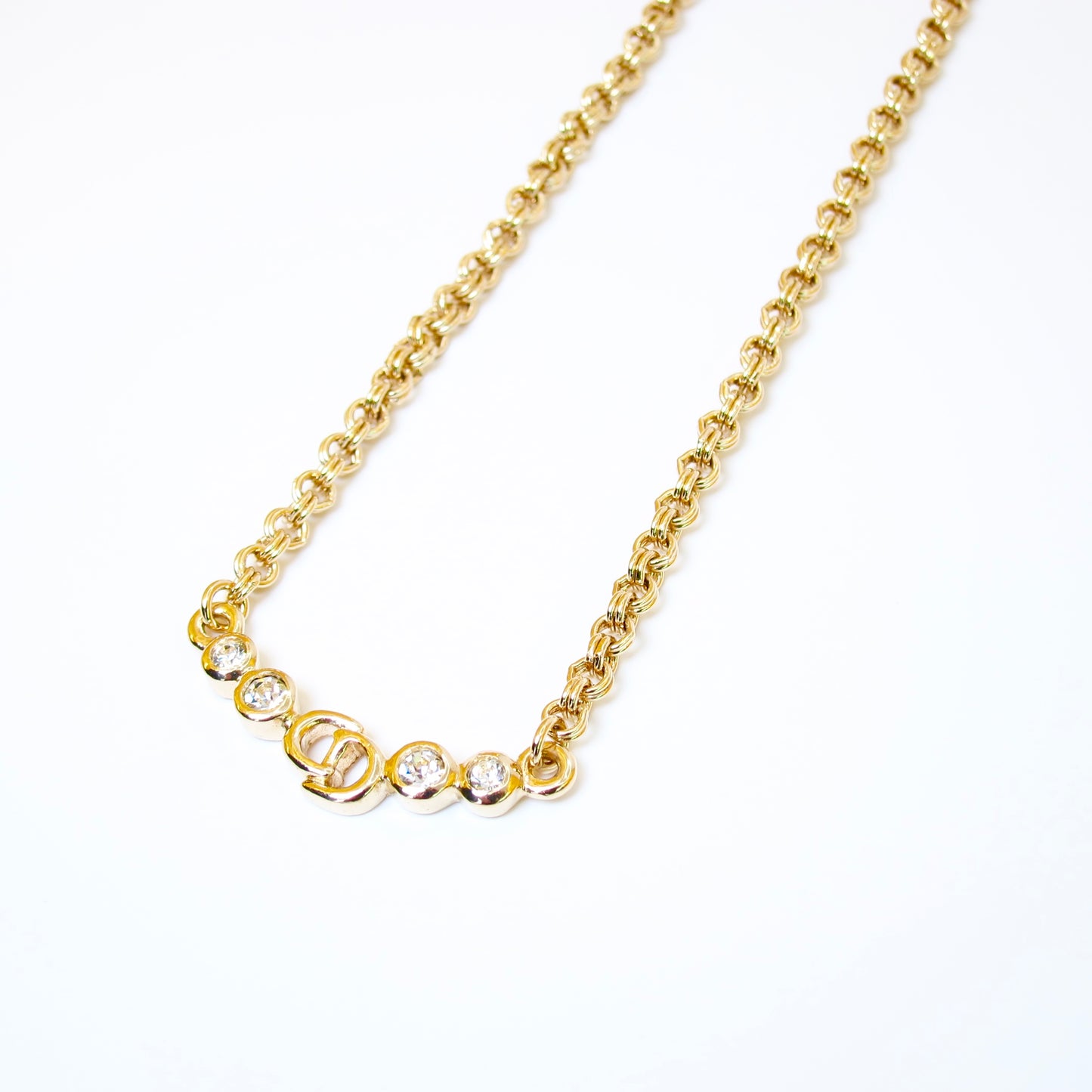 Christian Dior Vintage CD Logo and Rhinestone Golden Necklace