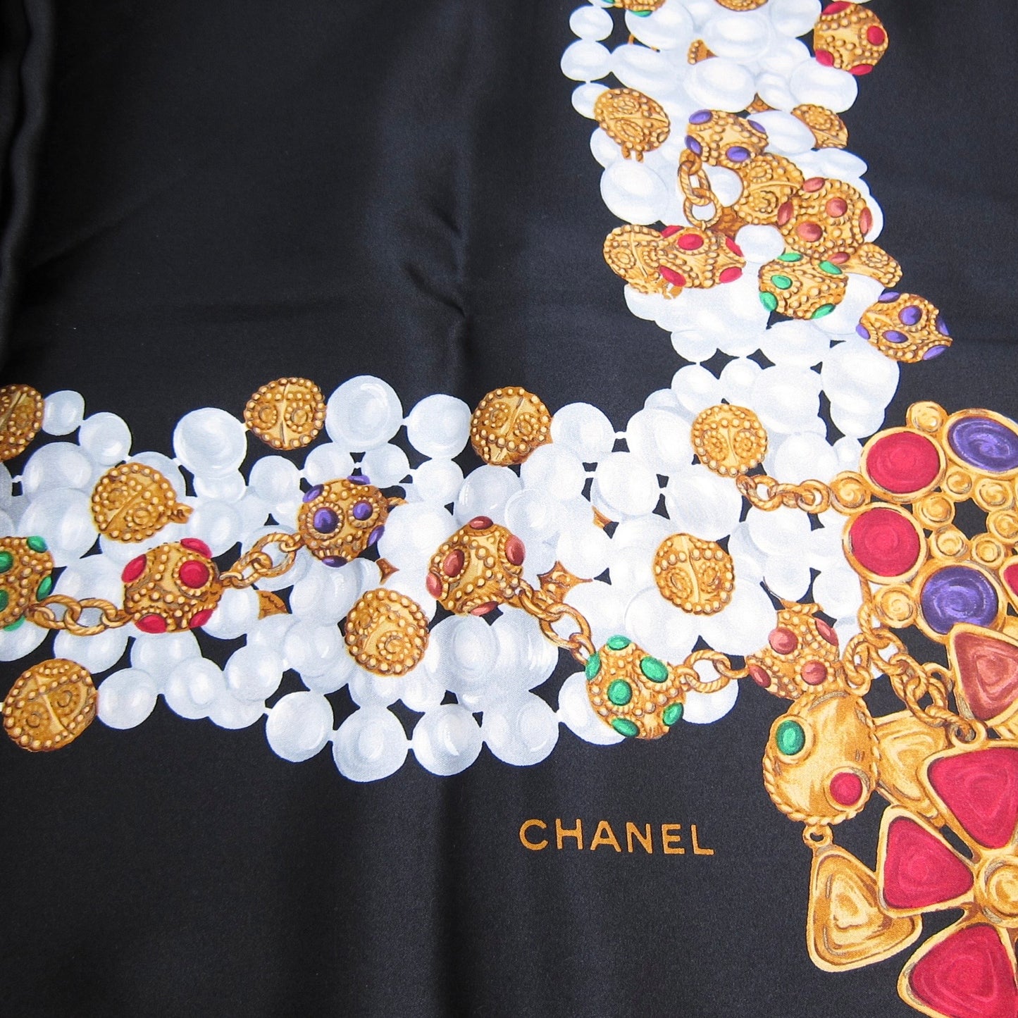 Chanel Vintage Jewelry Print Black Silk Square Scarf