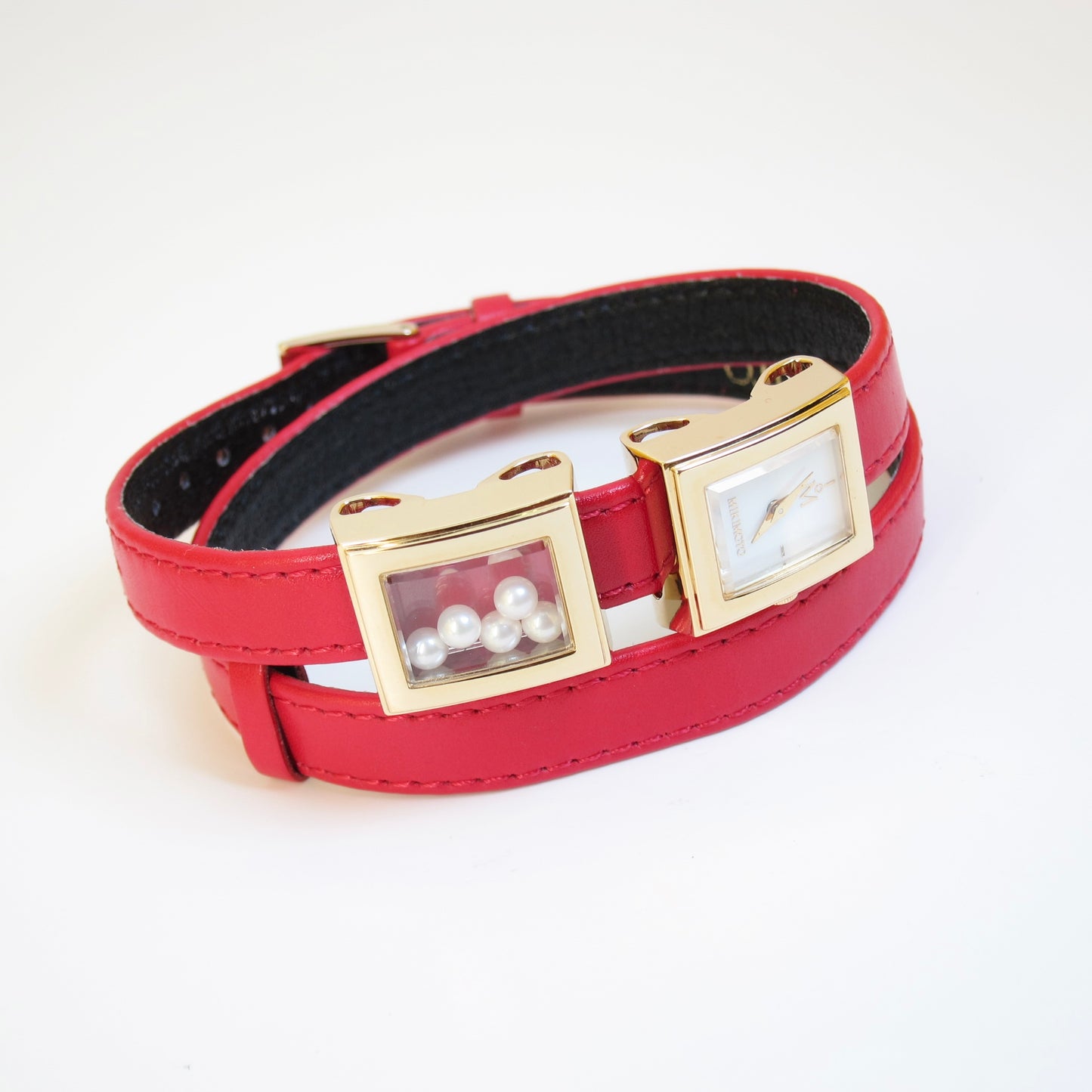Mikimoto Vintage Pearl Face with Pearl Box Watch with Red Color Leather Strap