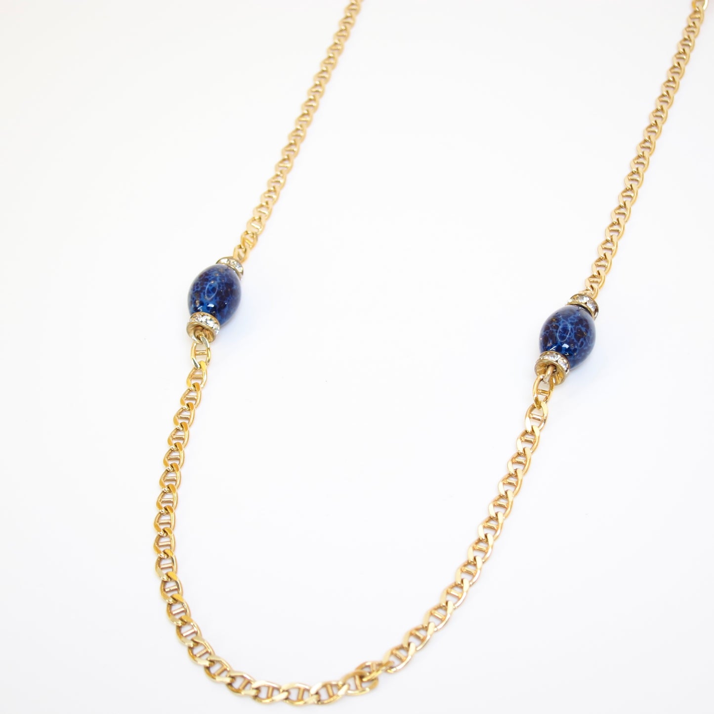 Christian Dior Vintage Lapis Lazuli Color Stone and Rhinestone Golden Long Necklace