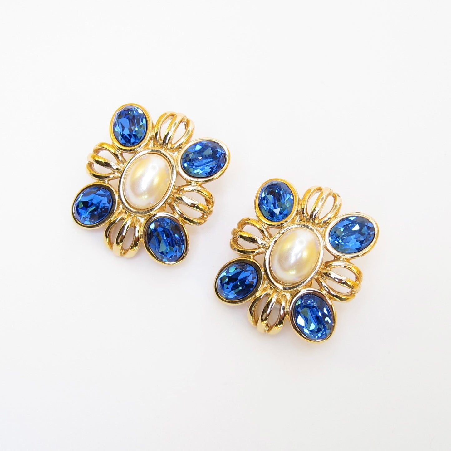 Monet Vintage Maltese Cross Blue Stone and Pearl Golden Clip-on Earrings