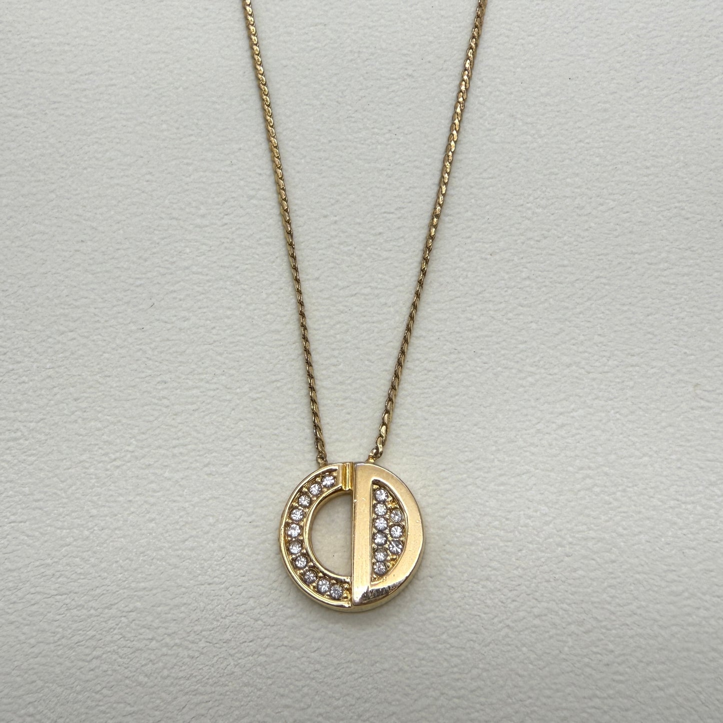 Christian Dior Vintage Round Shape CD Logo with Rhinestone Golden Necklace