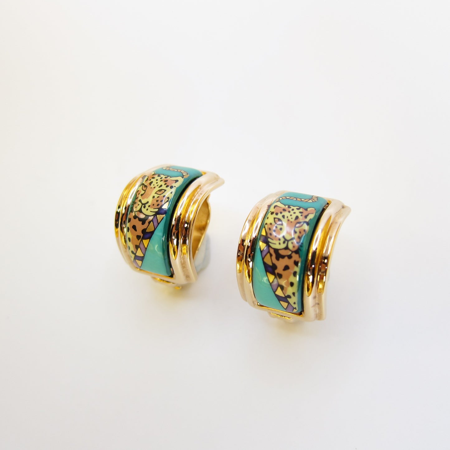 Hermes Vintage Leopard Cloisonne Enamel Golden Clip-on Earrings