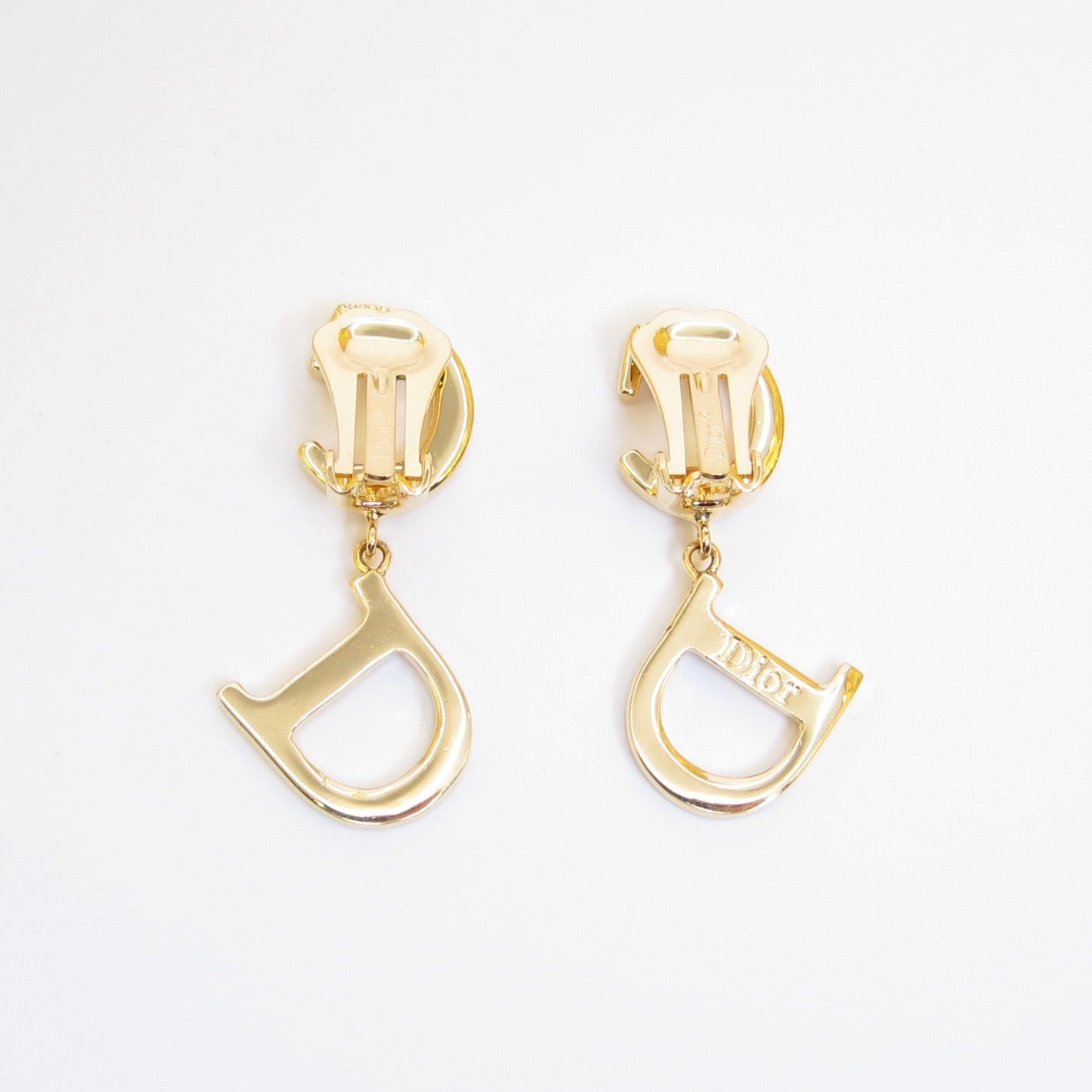 Christian Dior Vintage CD Logo with Rhinestone Dangle Golden Clip-on Earrings
