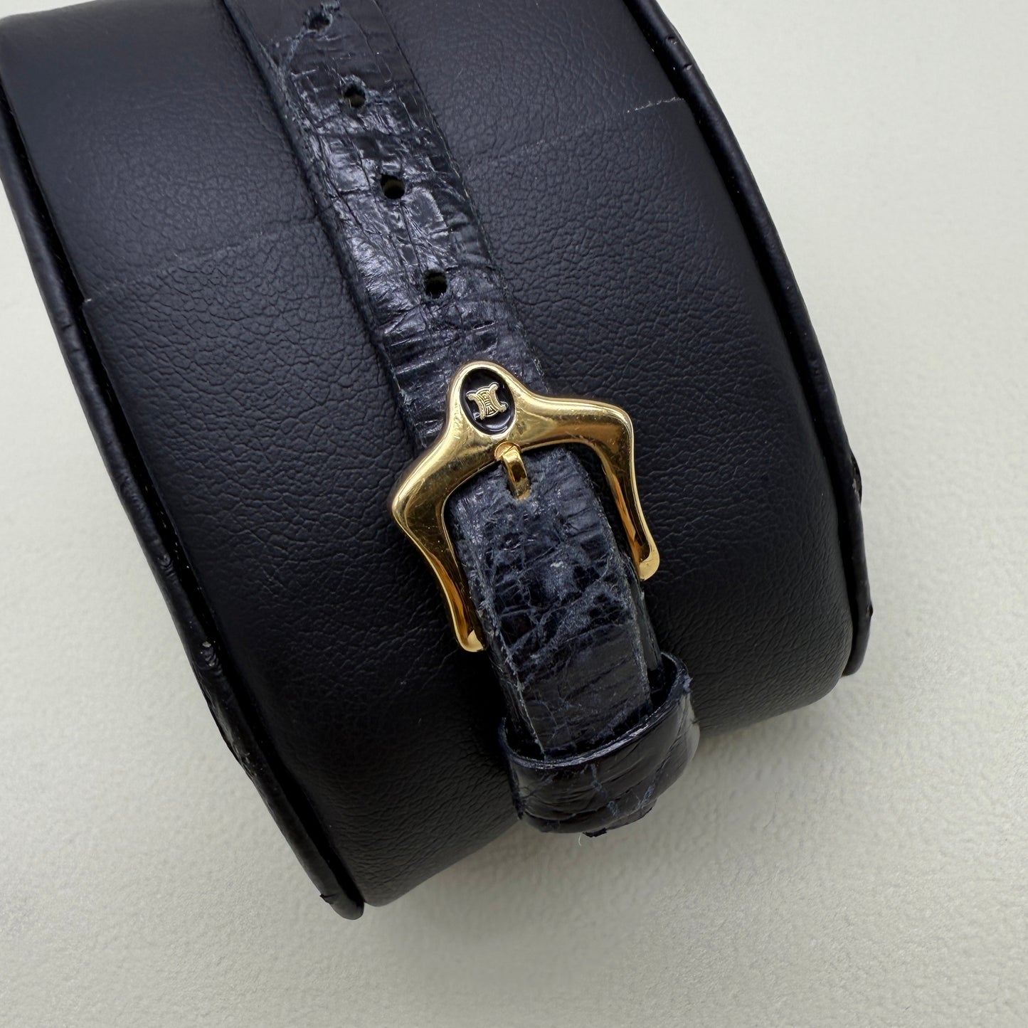 Celine Vintage Round Golden Face Black Leather Strap Ladies Watch
