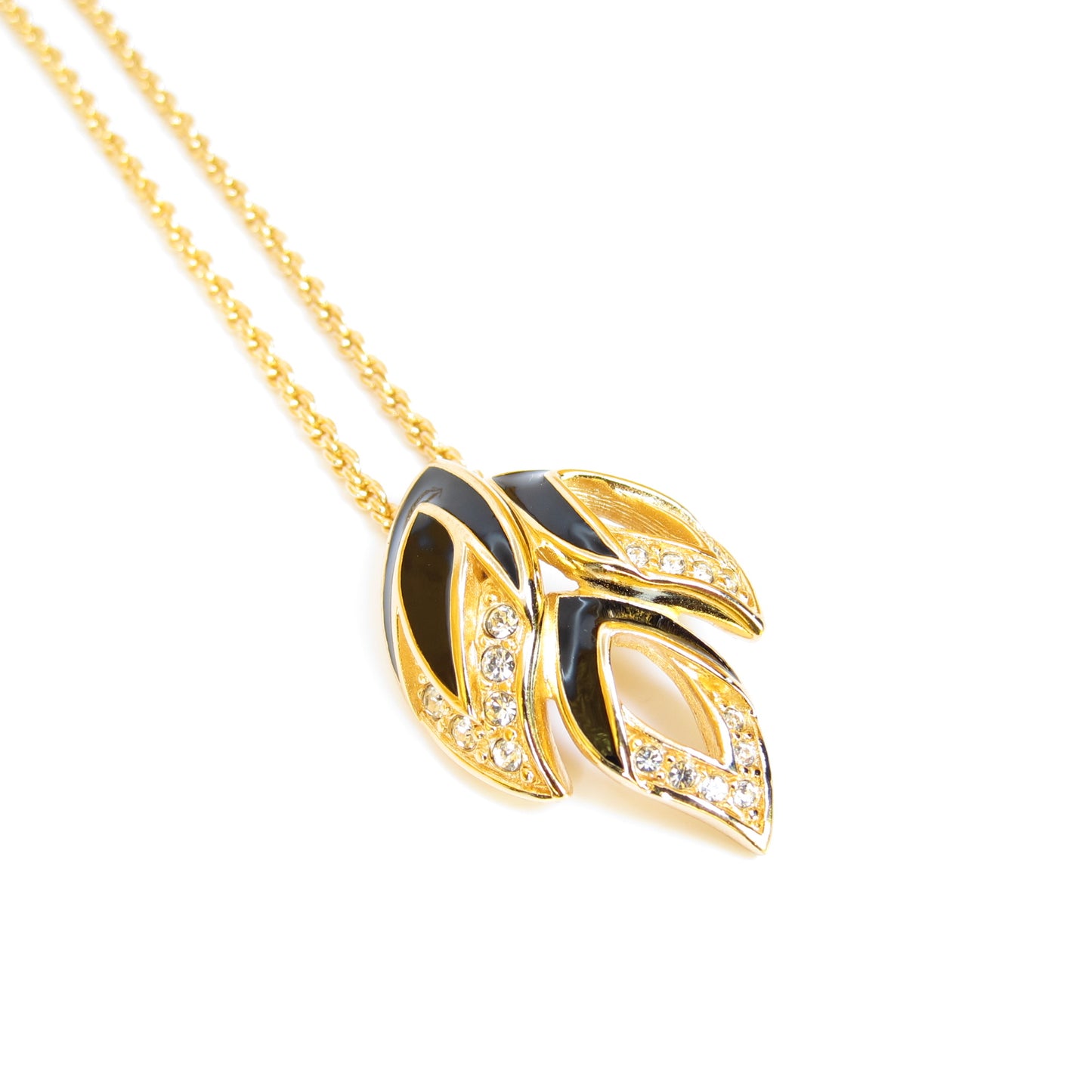 Christian Dior Vintage Leaves Motif with Rhinestone Black and Golden Necklace