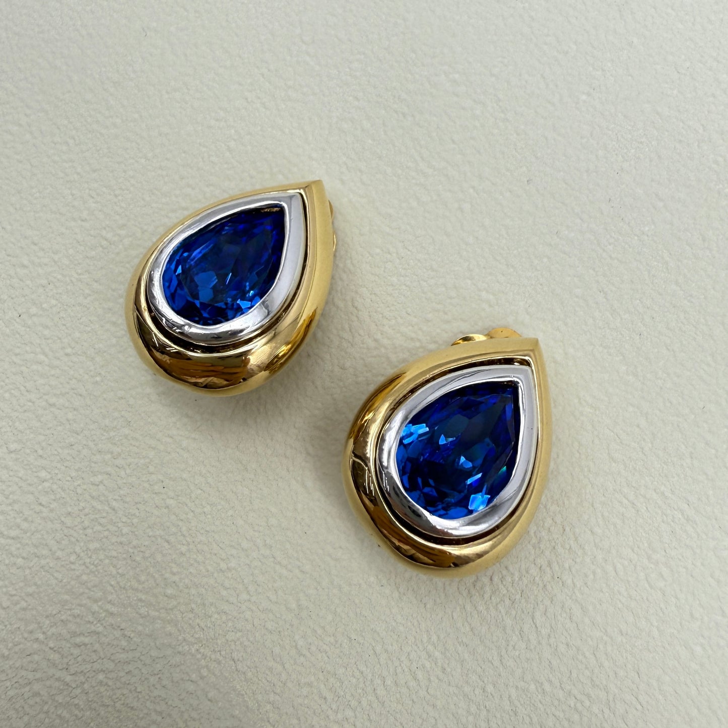 Yves Saint Laurent Vintage Drop Shape Blue Color Stone Golden Clip-on Earrings