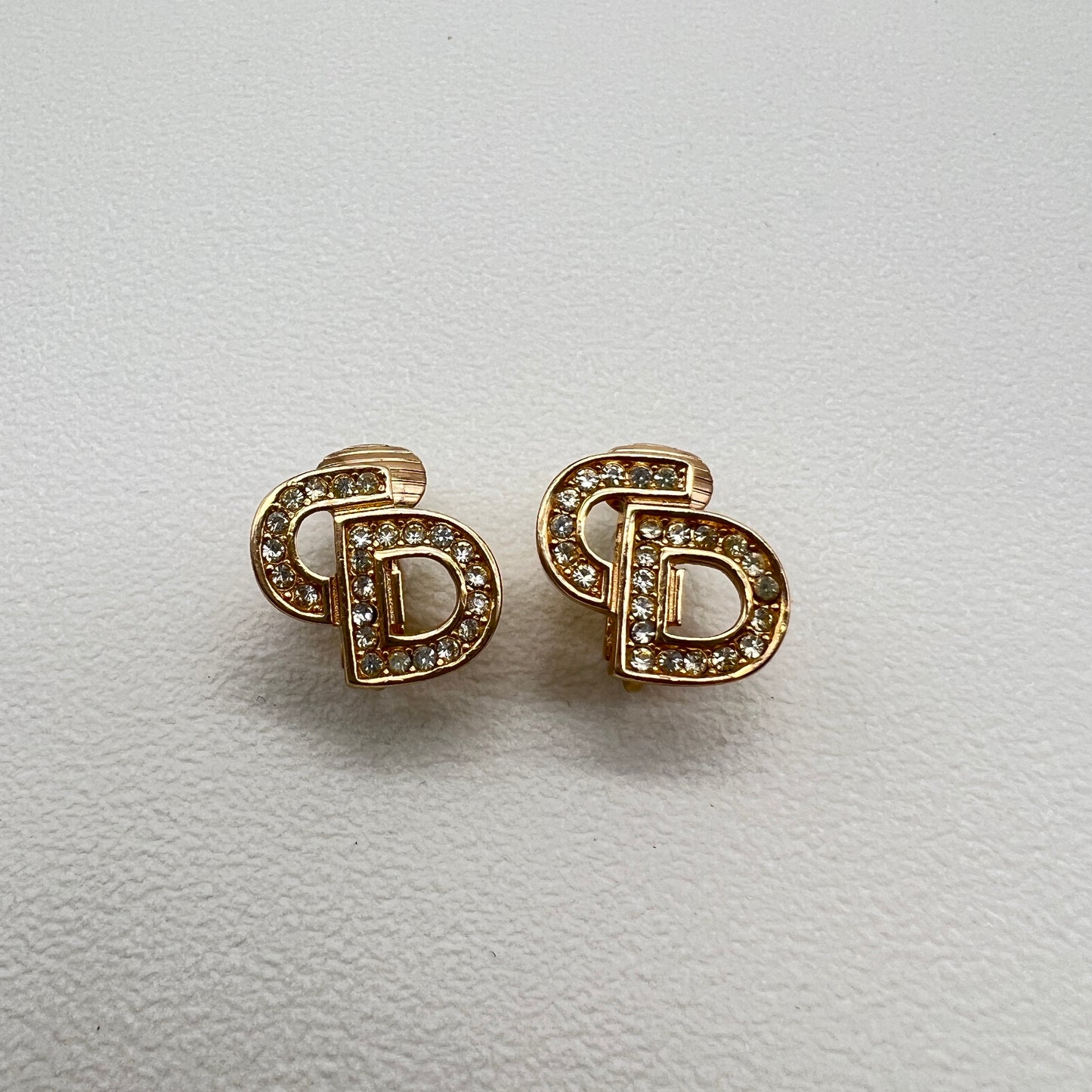 Christian Dior Vintage CD Logo with Rhinestone Golden Clip-on Earrings