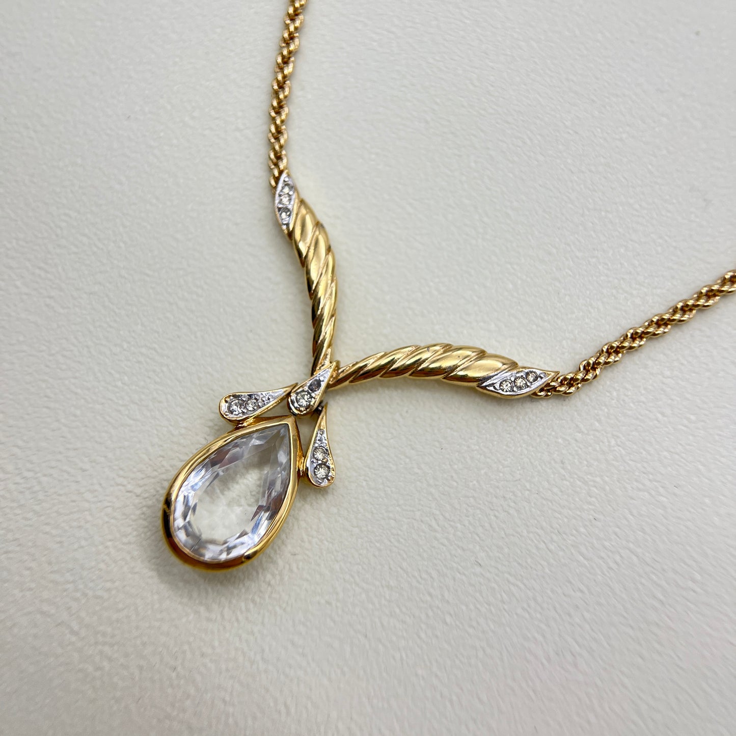 Nina Ricci Vintage Drop Shape White Stone and Rhinestone Pendant Golden Necklace