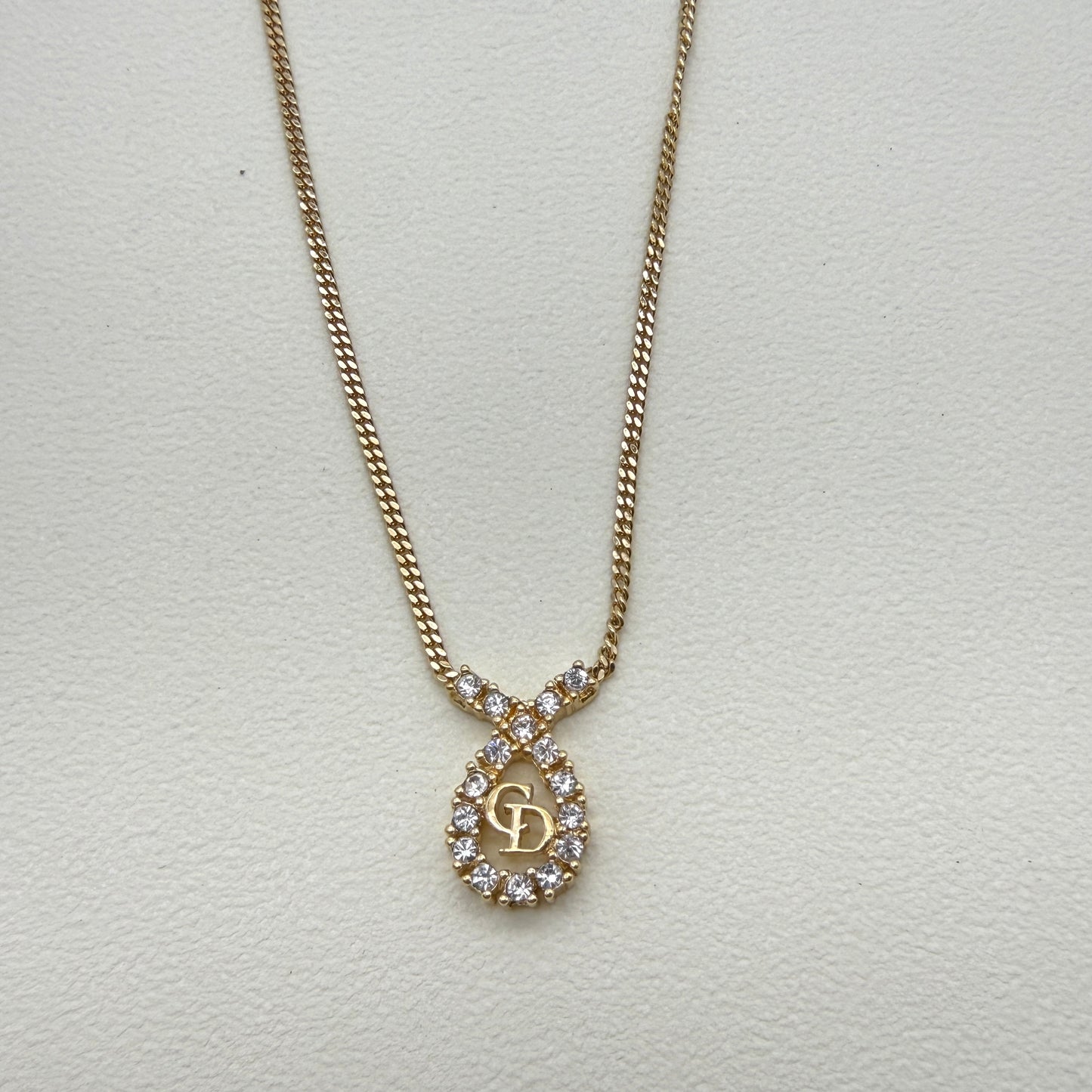 Christian Dior Vintage CD Logo in Drop Shape with Rhinestone Golden Necklace