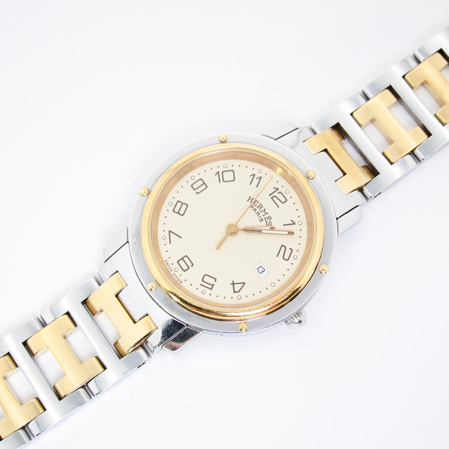 Hermes Vintage Clipper Ivory Dial with Date and H Bracelet Two Tone Watch