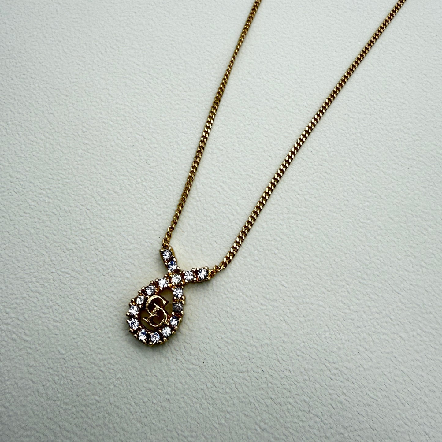 Christian Dior Vintage CD Logo in Drop Shape with Rhinestone Golden Necklace