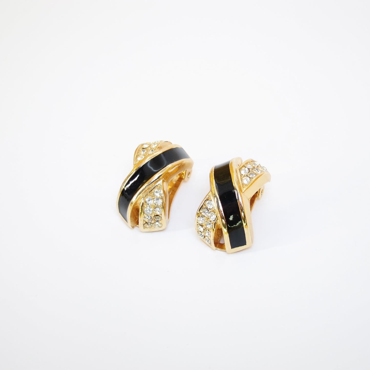 Christian Dior Vintage Black and Rhinestone Cross Golden Clip-on Earrings