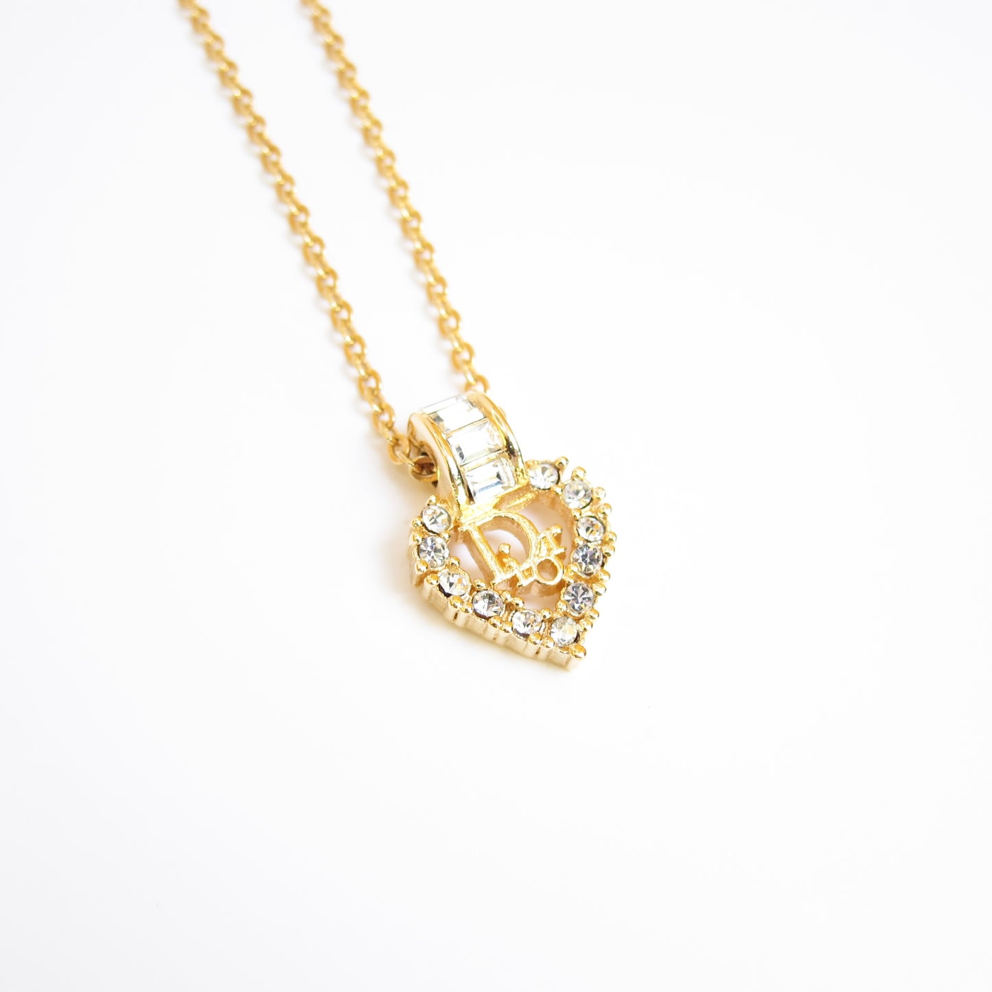 Christian Dior Vintage Dior Logo in Heart with Rhinestone Golden Necklace