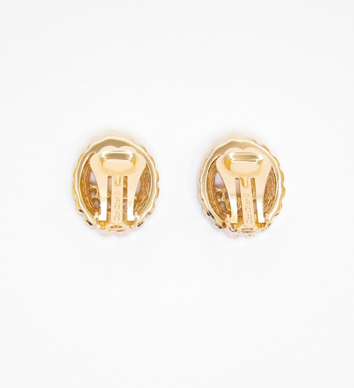 Christian Dior Vintage Dior Logo in Oval Shape with Rhinestone Golden Clip-on Earrings