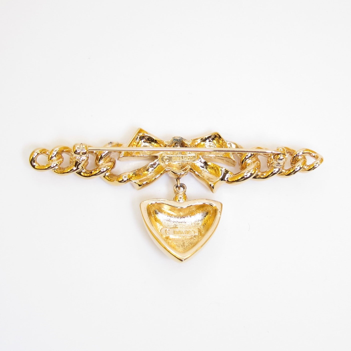 Nina Ricci Vintage Bow Link Chain with Dangle Heart Golden Brooch