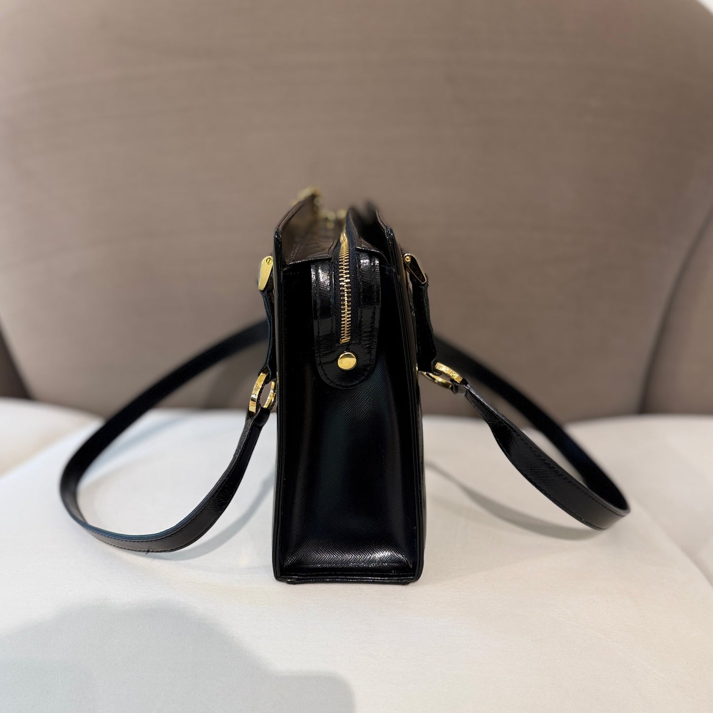 Versace Vintage Black Leather Tote Bag With Gold Medallion Charm