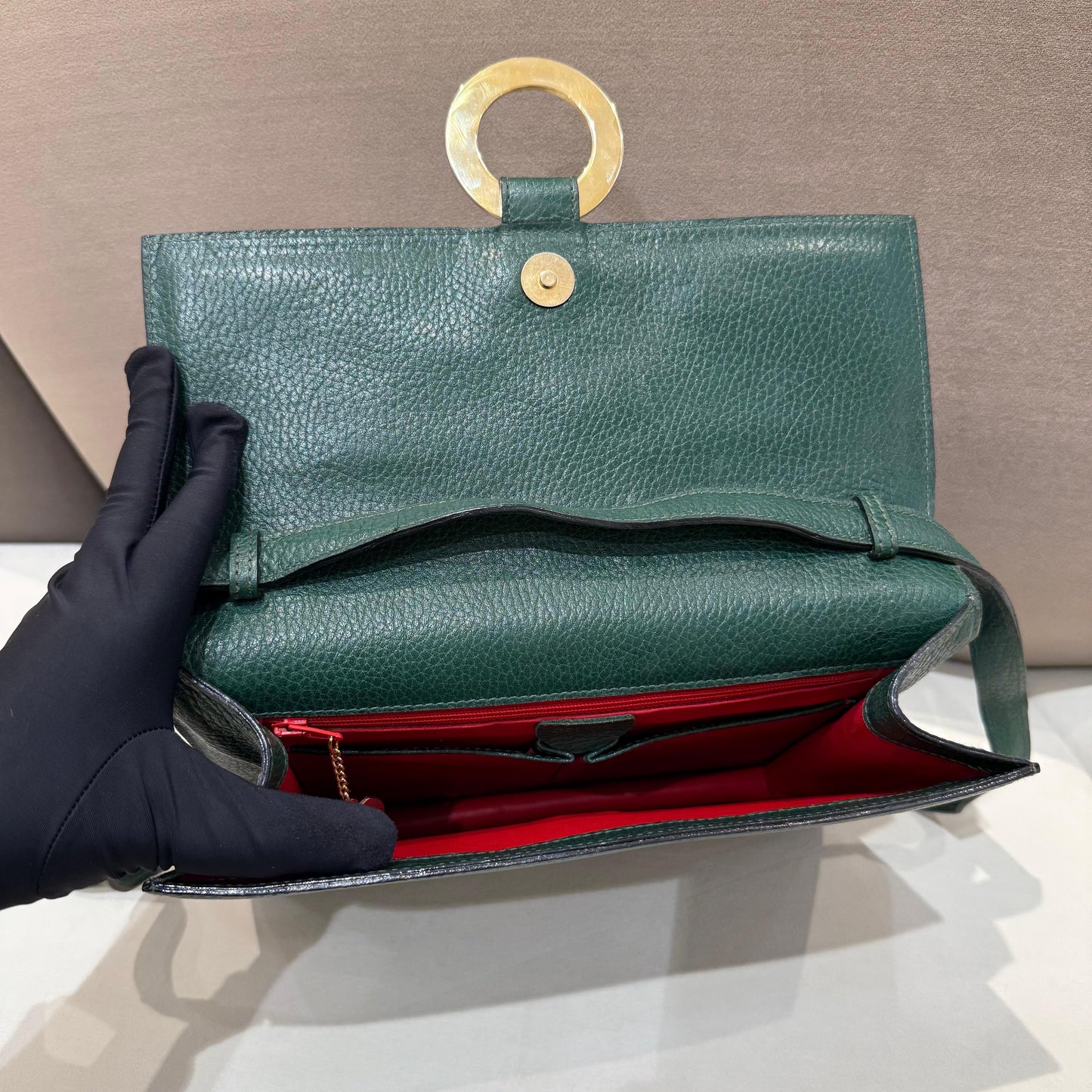 Celine Vintage Circle Logo Forest Green Leather Shoulder Bag