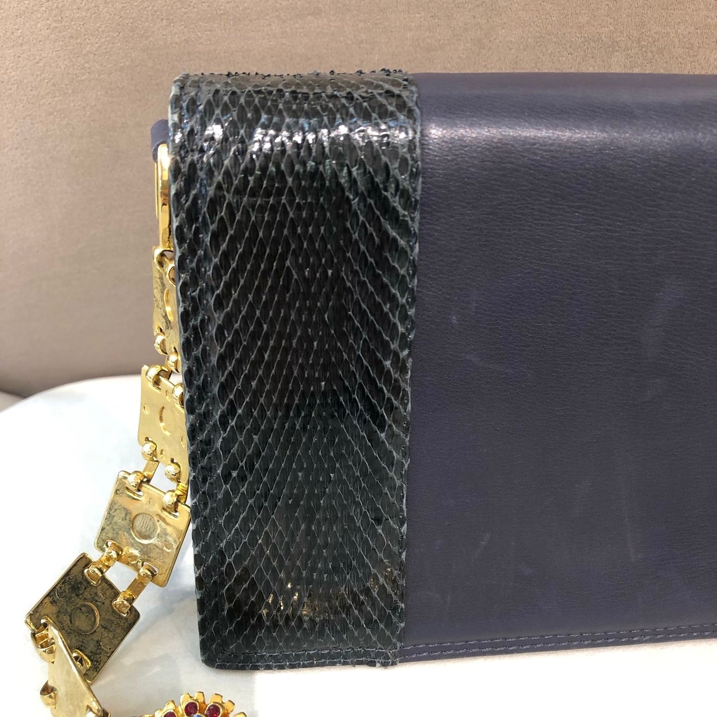 Versace Vintage Navy Leather Chain Shoulder Bag With Exotic Trim