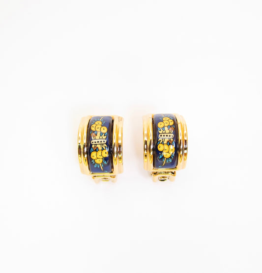 Hermes Vintage Blue Enamelled Golden Clip-on Earrings
