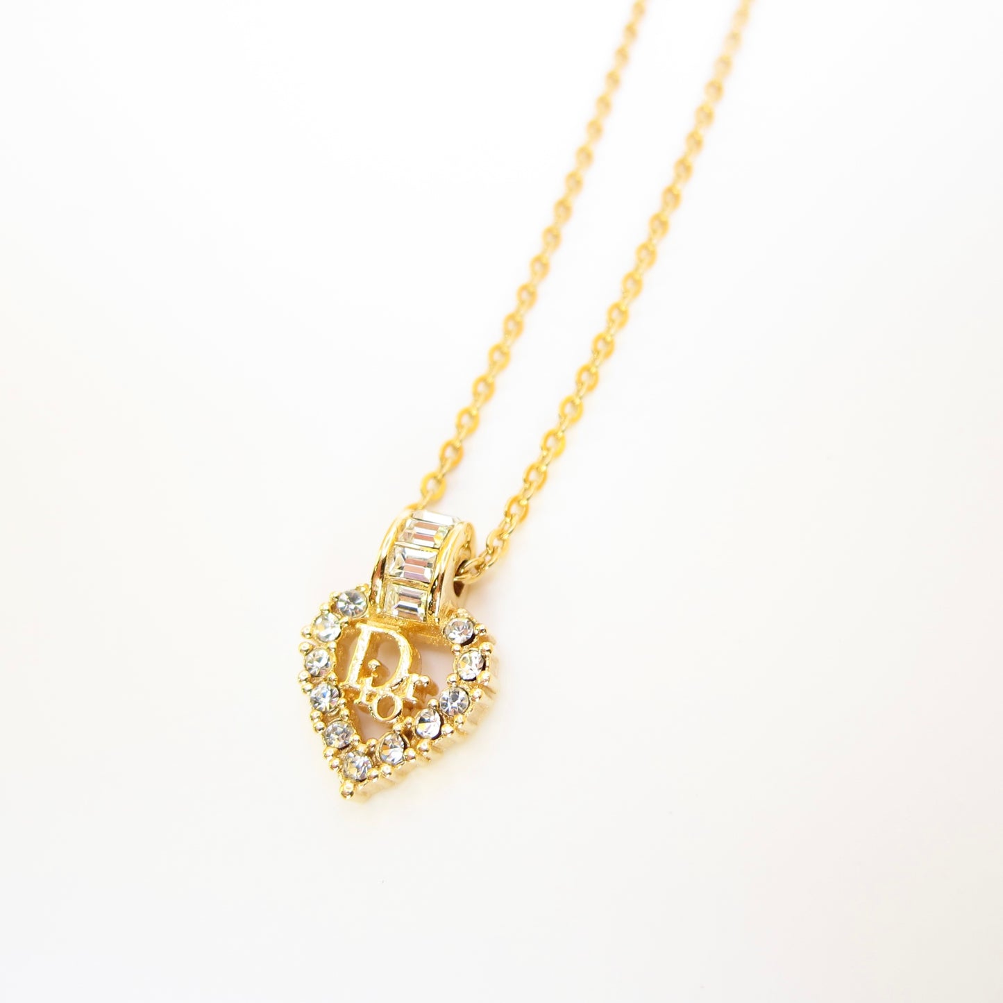 Christian Dior Vintage Dior Logo in Heart with Rhinestone Golden Necklace