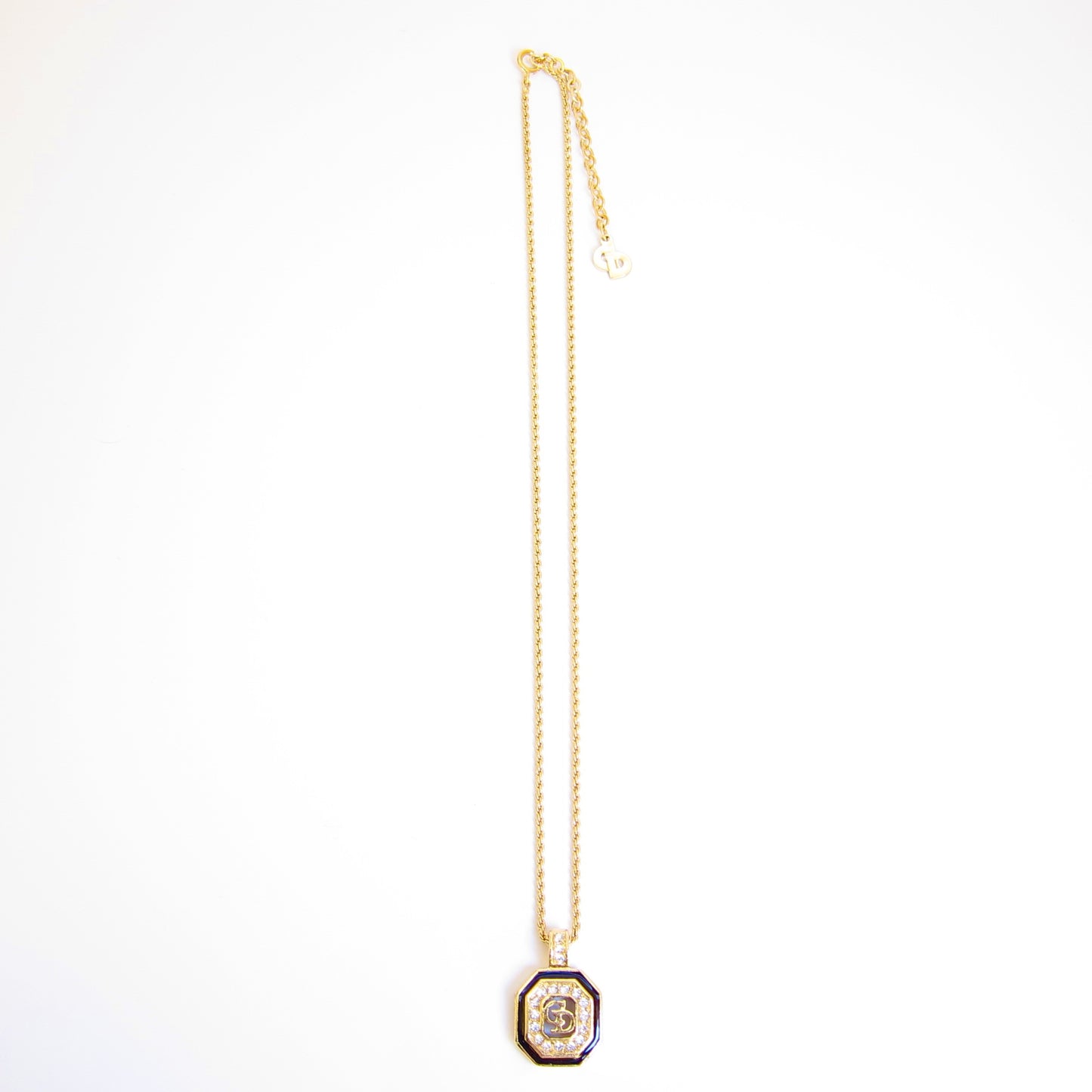 Christian Dior Vintage CD Logo in Octagon with Rhinestone Black and Golden Necklace