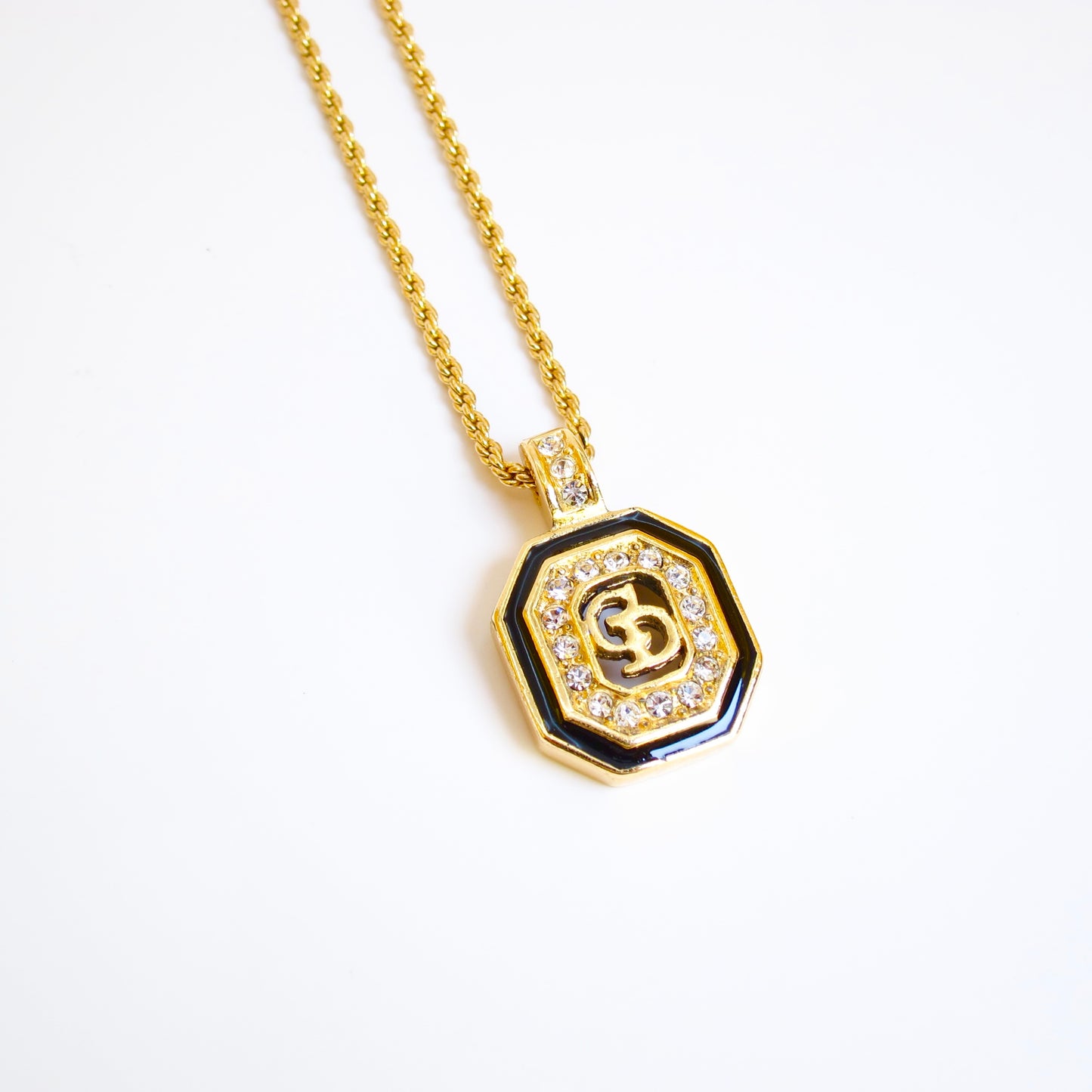 Christian Dior Vintage CD Logo in Octagon with Rhinestone Black and Golden Necklace