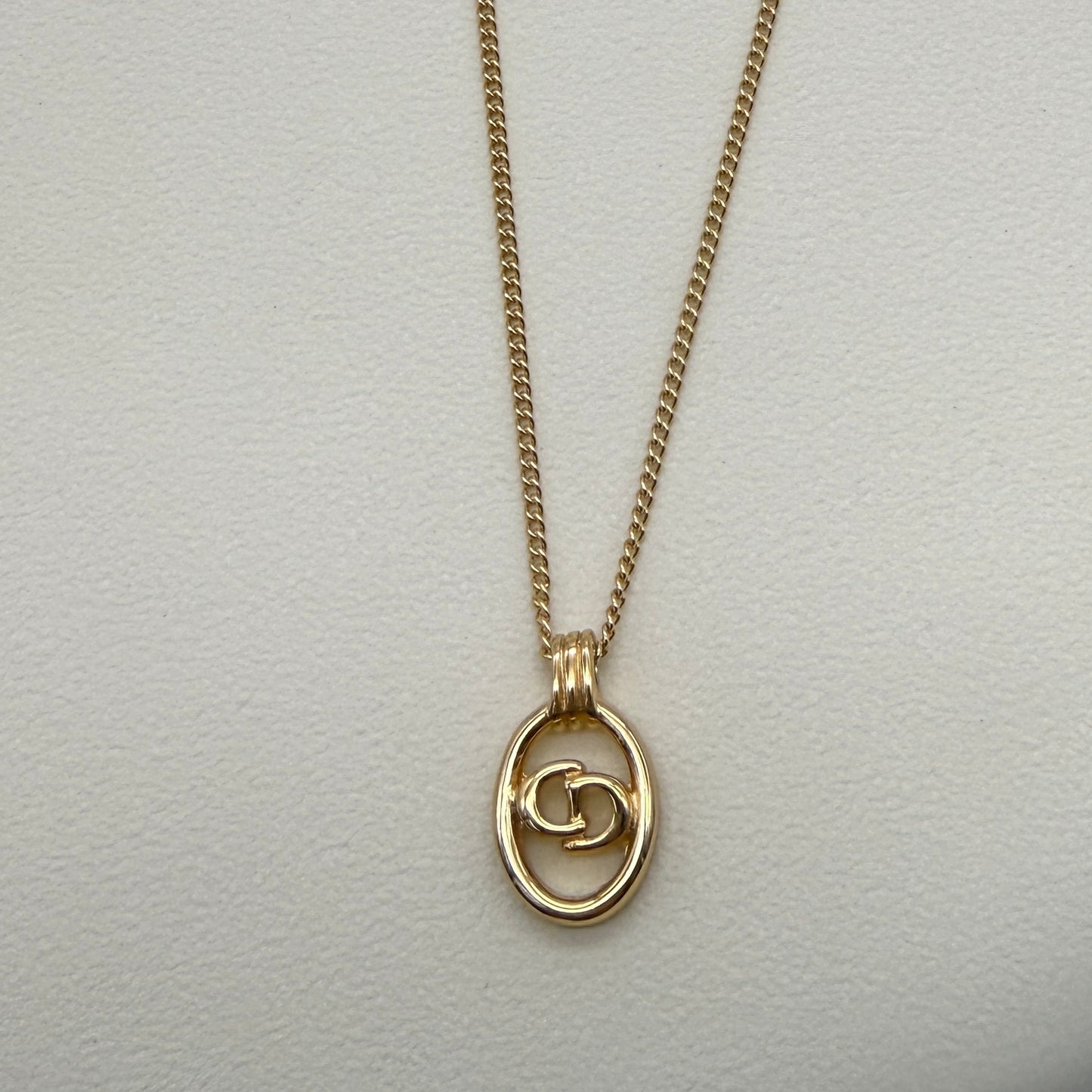 Christian Dior Vintage CD Logo in Oval Shape Pendant Golden Necklace