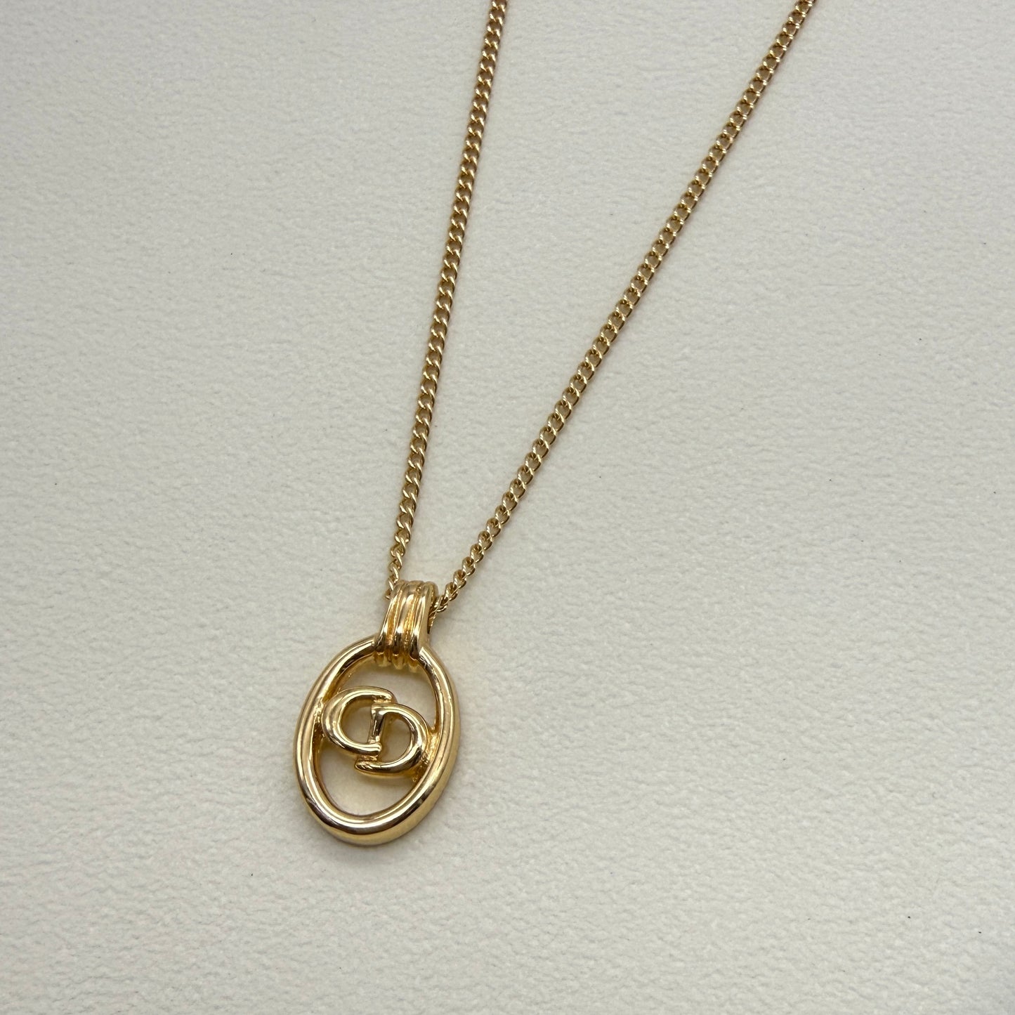 Christian Dior Vintage CD Logo in Oval Shape Pendant Golden Necklace