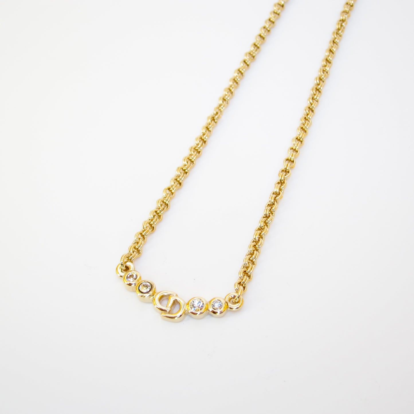 Christian Dior Vintage CD Logo and Rhinestone Golden Necklace