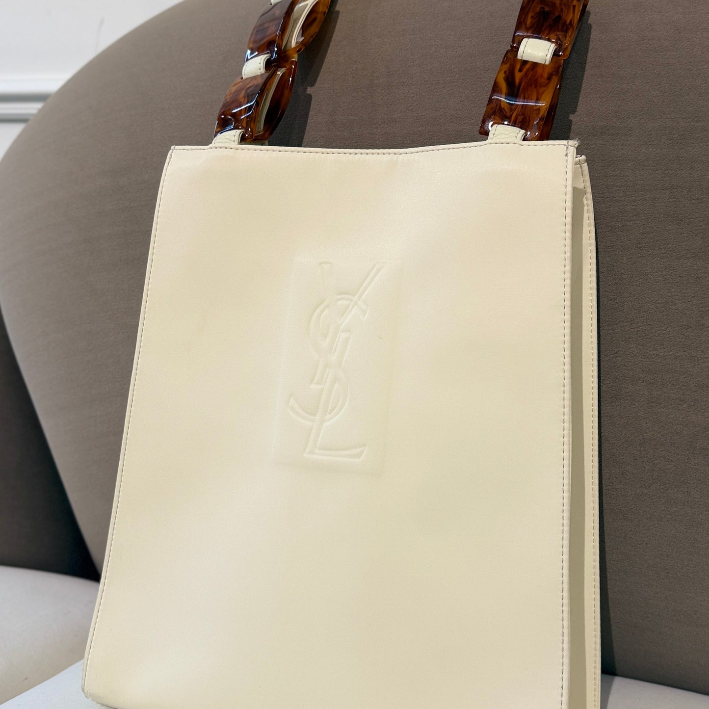 Yves Saint Laurent Vintage Embossed Logo Tortoise Shell White Leather Bag