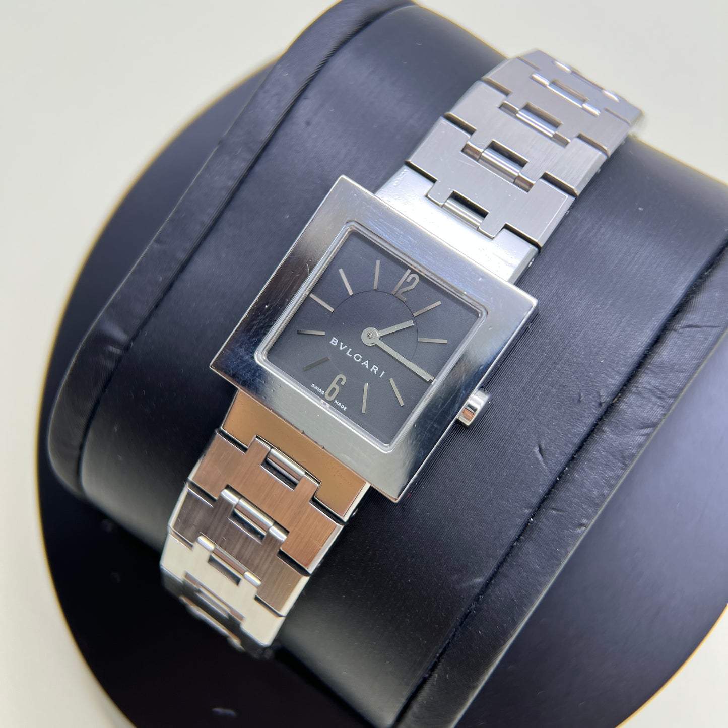 Bvlgari Vintage Cuadrado Square Black Face Stainless Steel Watch