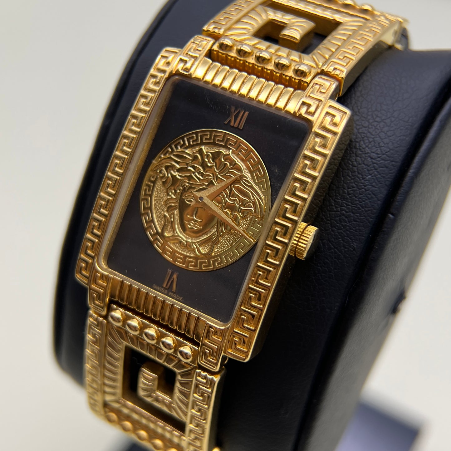 Gianni Versace Vintage Rectangle Gold Frame Medusa Icon and Black Dial with Leather Strap Watch