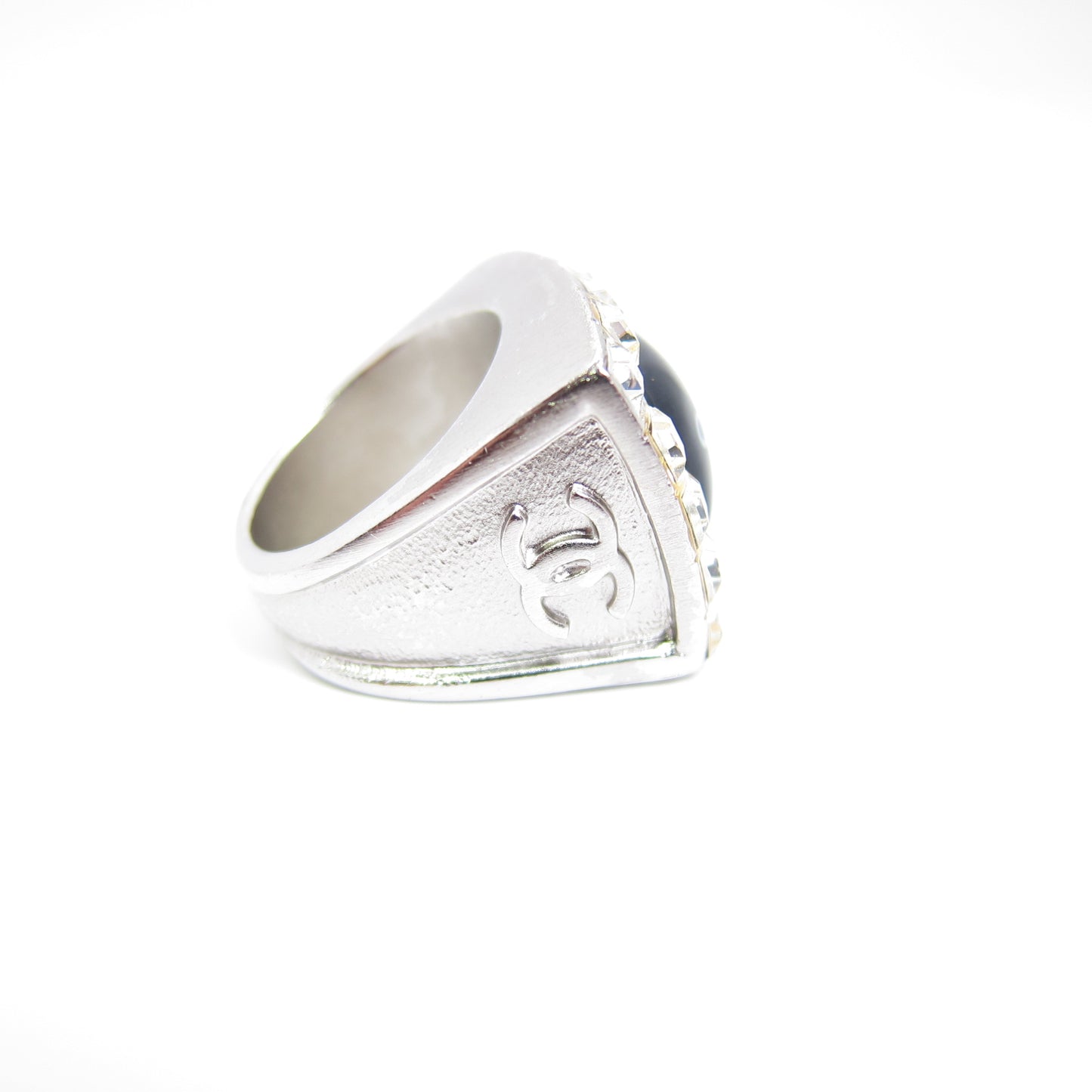 Chanel Vintage Chanel Logo Black and Rhinestone Silver Ring #13