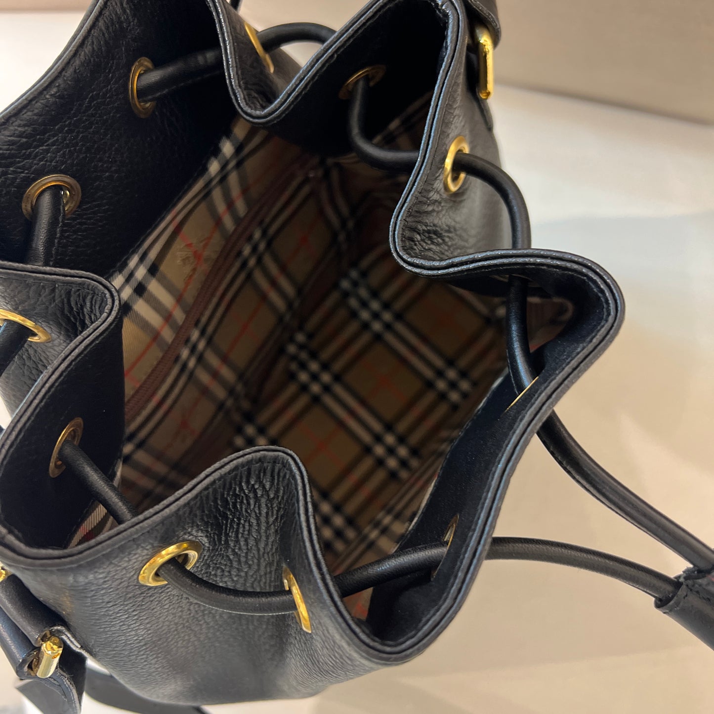 Burberry Vintage Leather Logo Plate Black Leather Bucket Bag