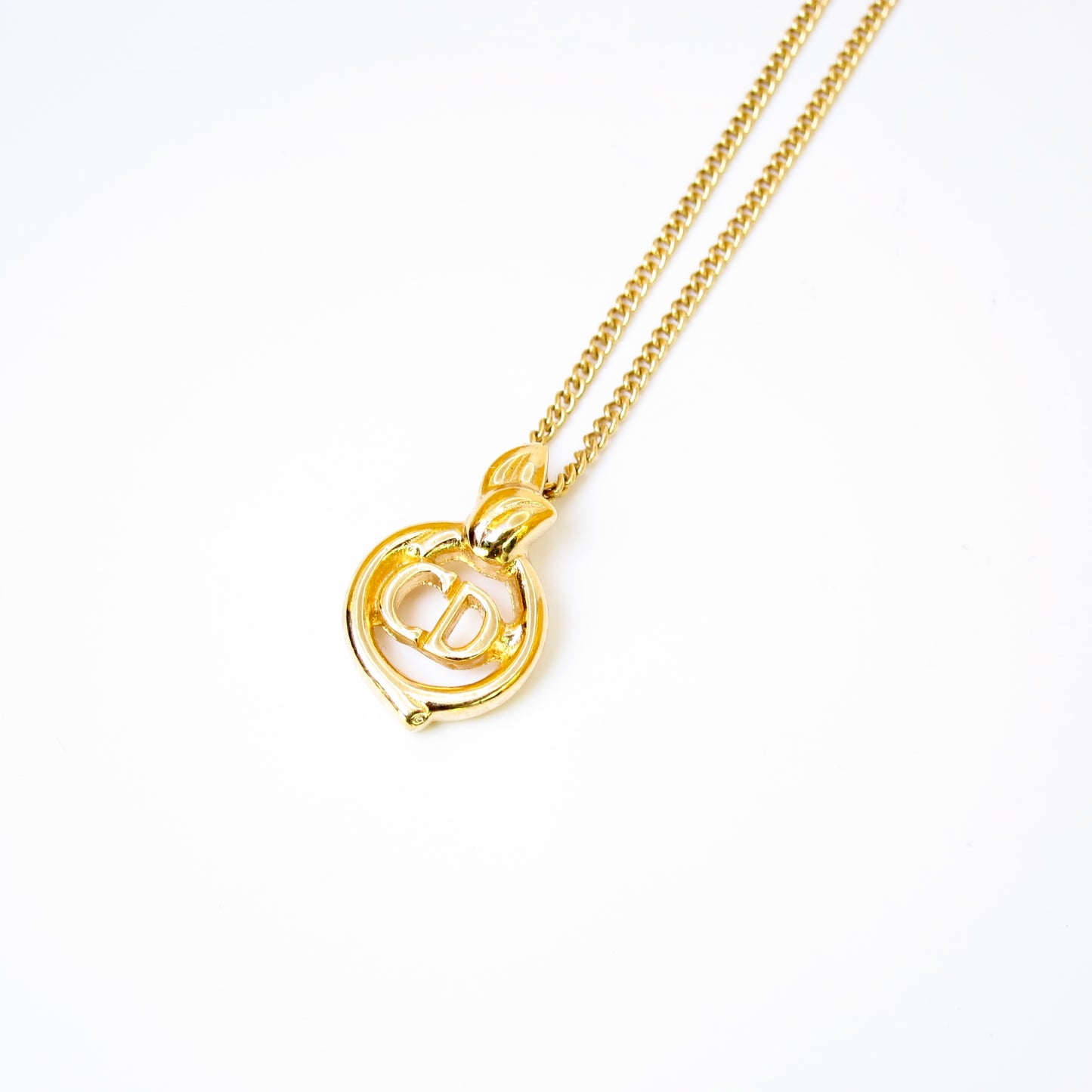 Christian Dior Vintage CD Logo in Circle with Leaves Golden Necklace