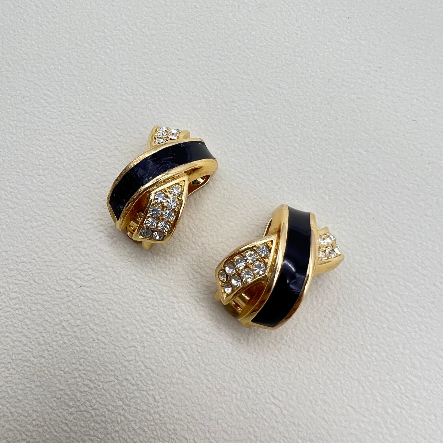 Christian Dior Vintage Black and Rhinestone Cross Golden Clip-on Earrings