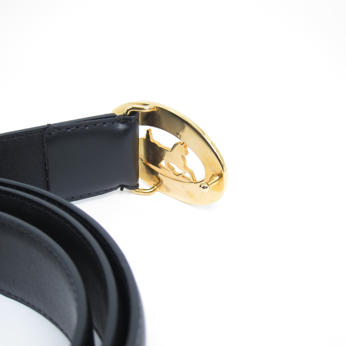 Celine Vintage Two Tone Oval Sulky Carrige Golden Buckle Black Leather Belt