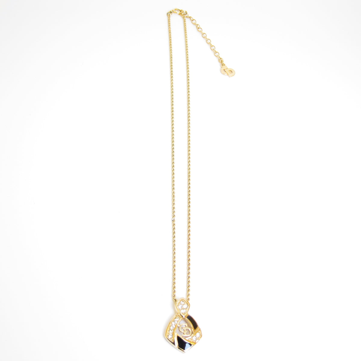 Christian Dior Vintage Black Enamel Diamond CD Logo Gold-Tone Necklace