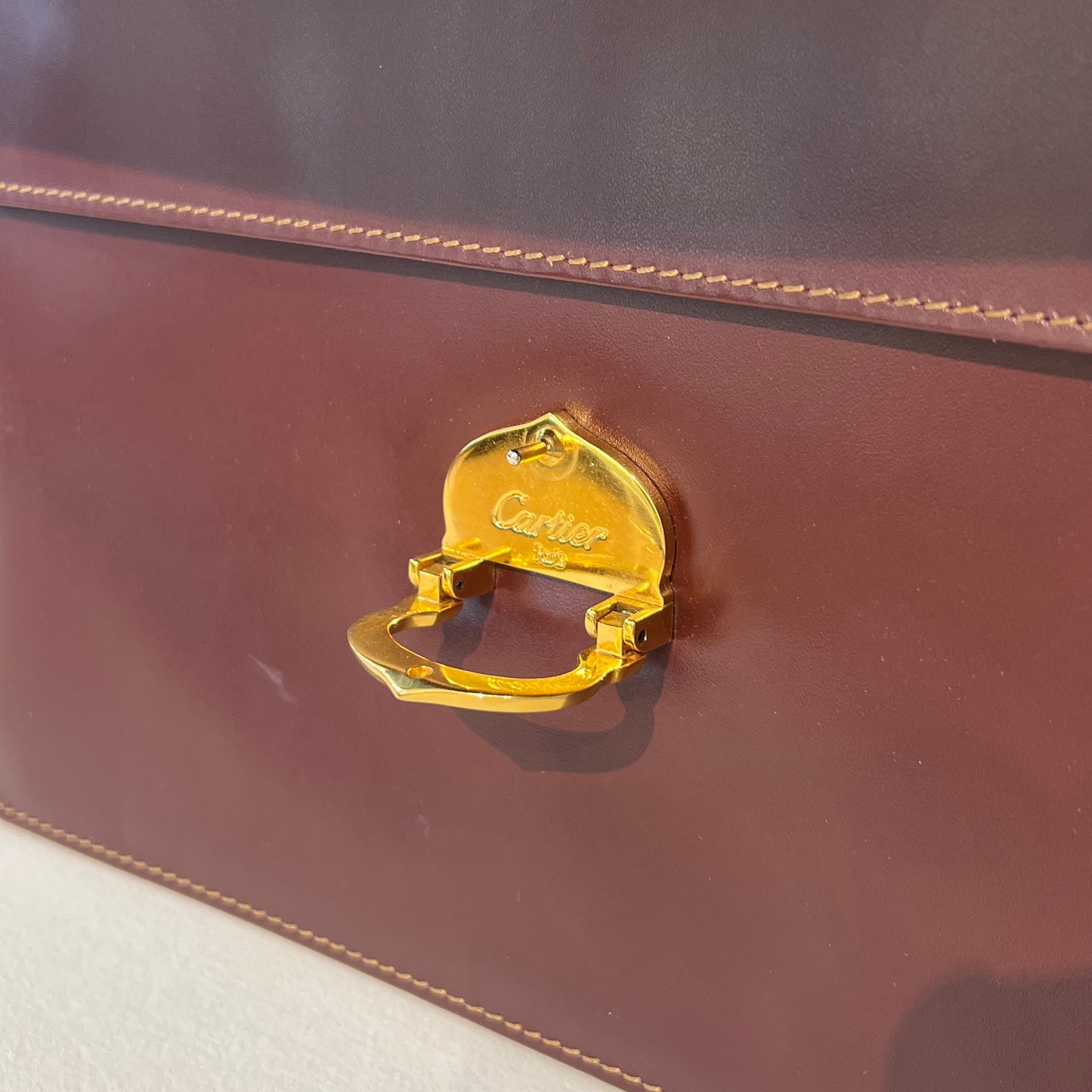 Cartier Vintage Golden Buckle Burgundy Red Leather Shoulder Bag