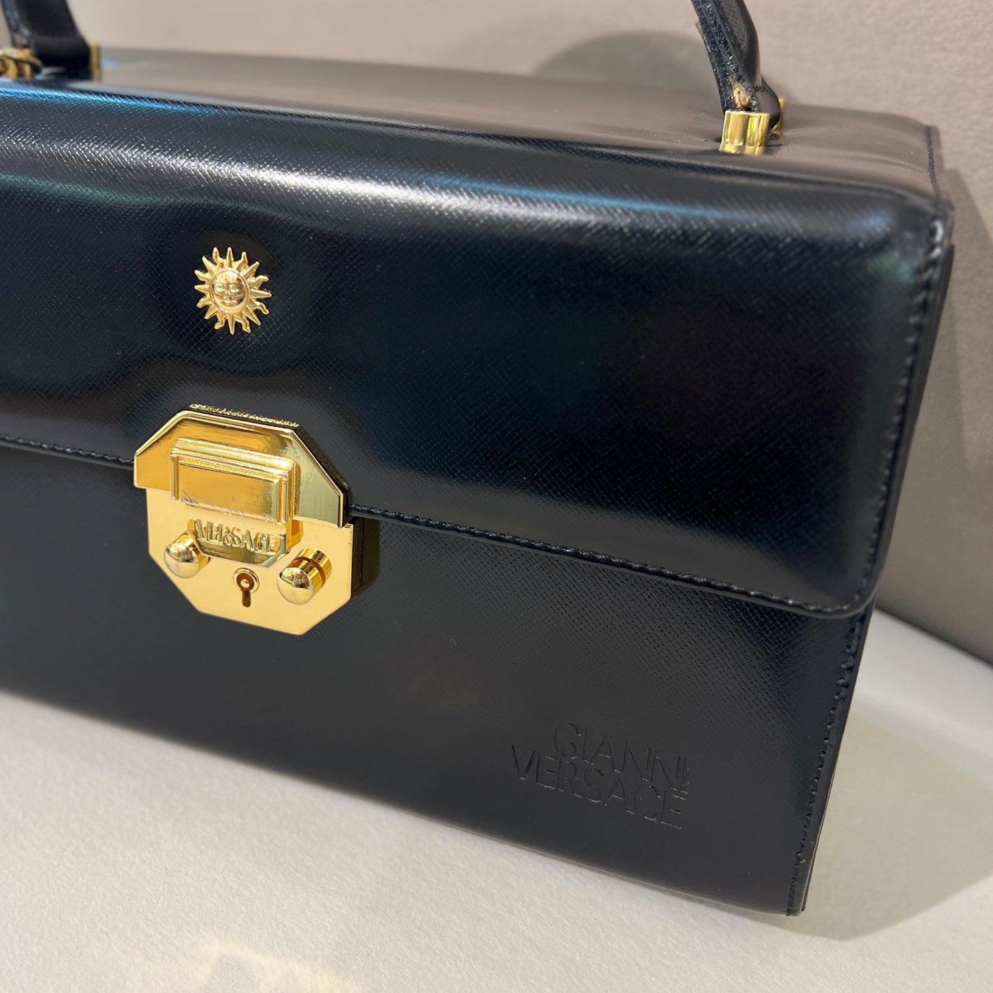 Versace Vintage Golden Sun Black Leather Top Handle Vanity Bag