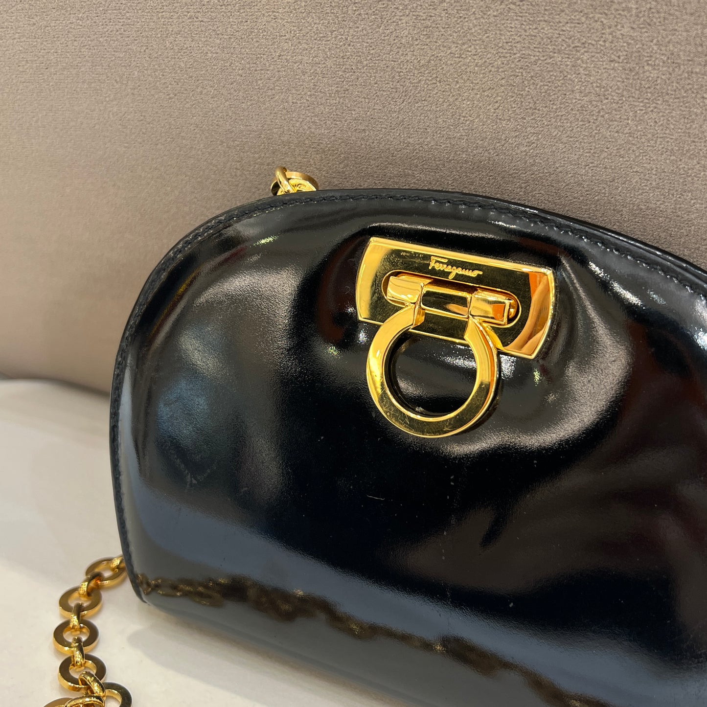 Ferragamo Vintage Golden Gancini Mini Shoulder Bag With Golden Chain
