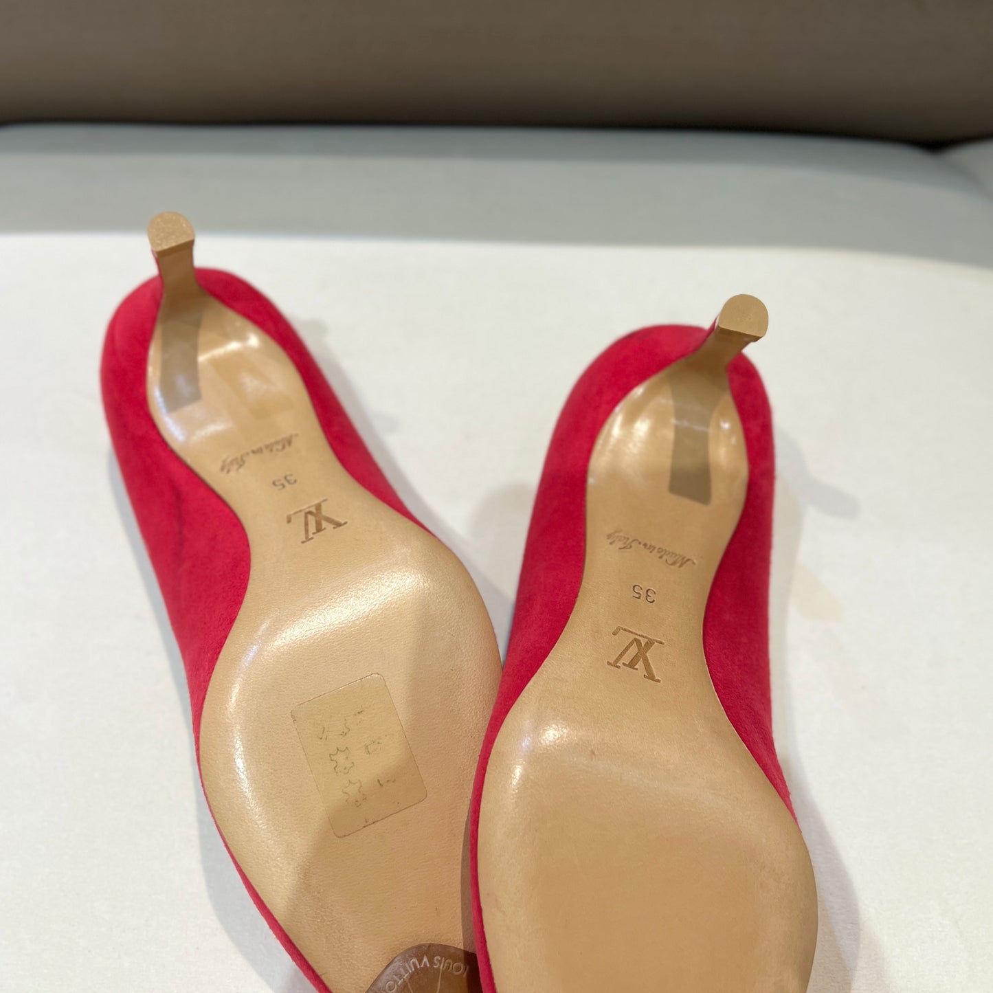 Louis Vuitton Vintage Golden Logo Red Suede Pumps
