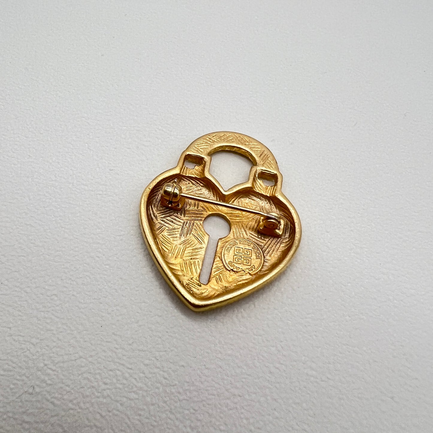 Givenchy Vintage GG Logo Heart Lockwith Rhinestone Golden Brooch