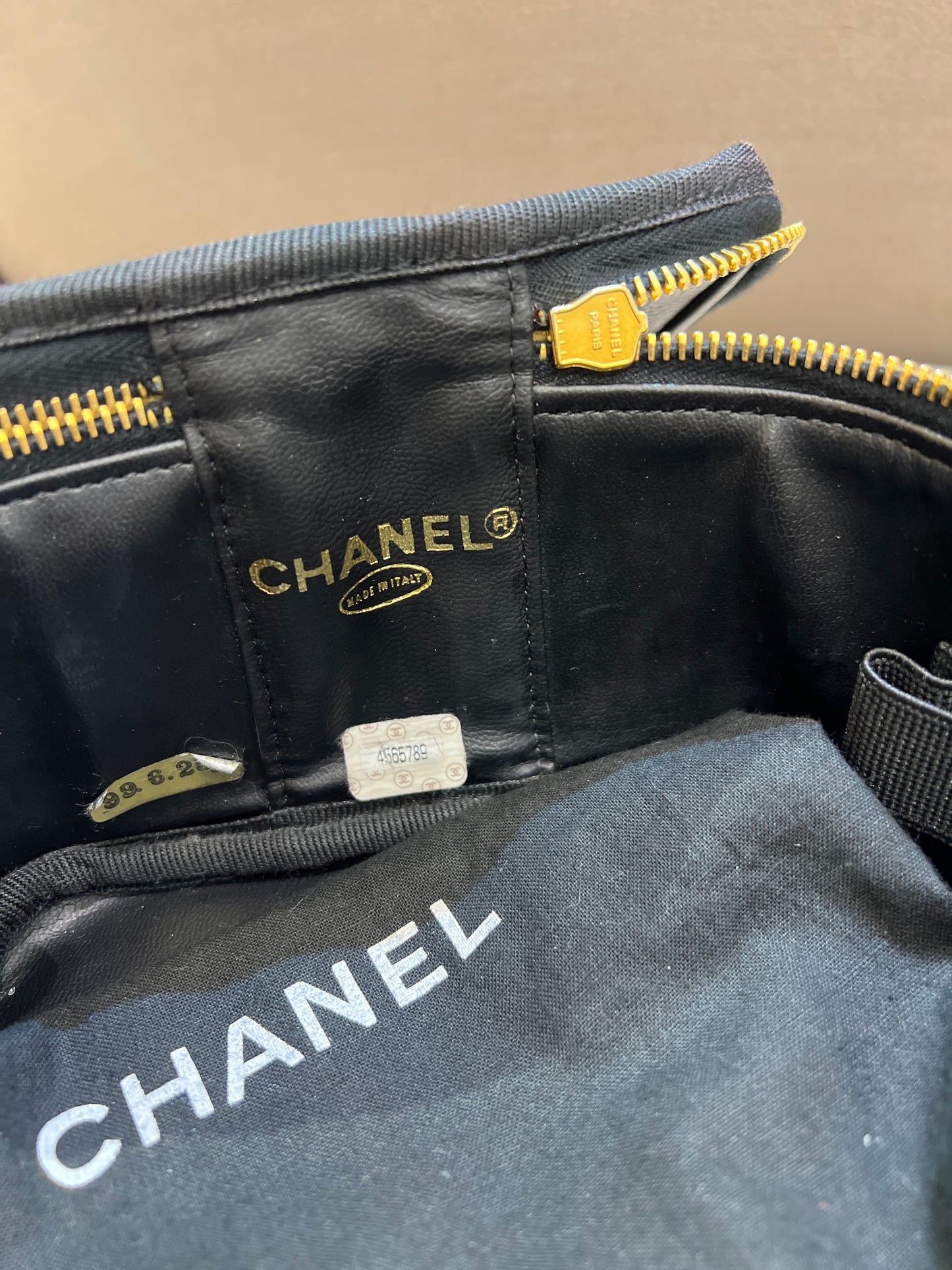 Chanel Vintage Embossed CC Logo with Black Caviar Skin Square Shape Vanity Bag