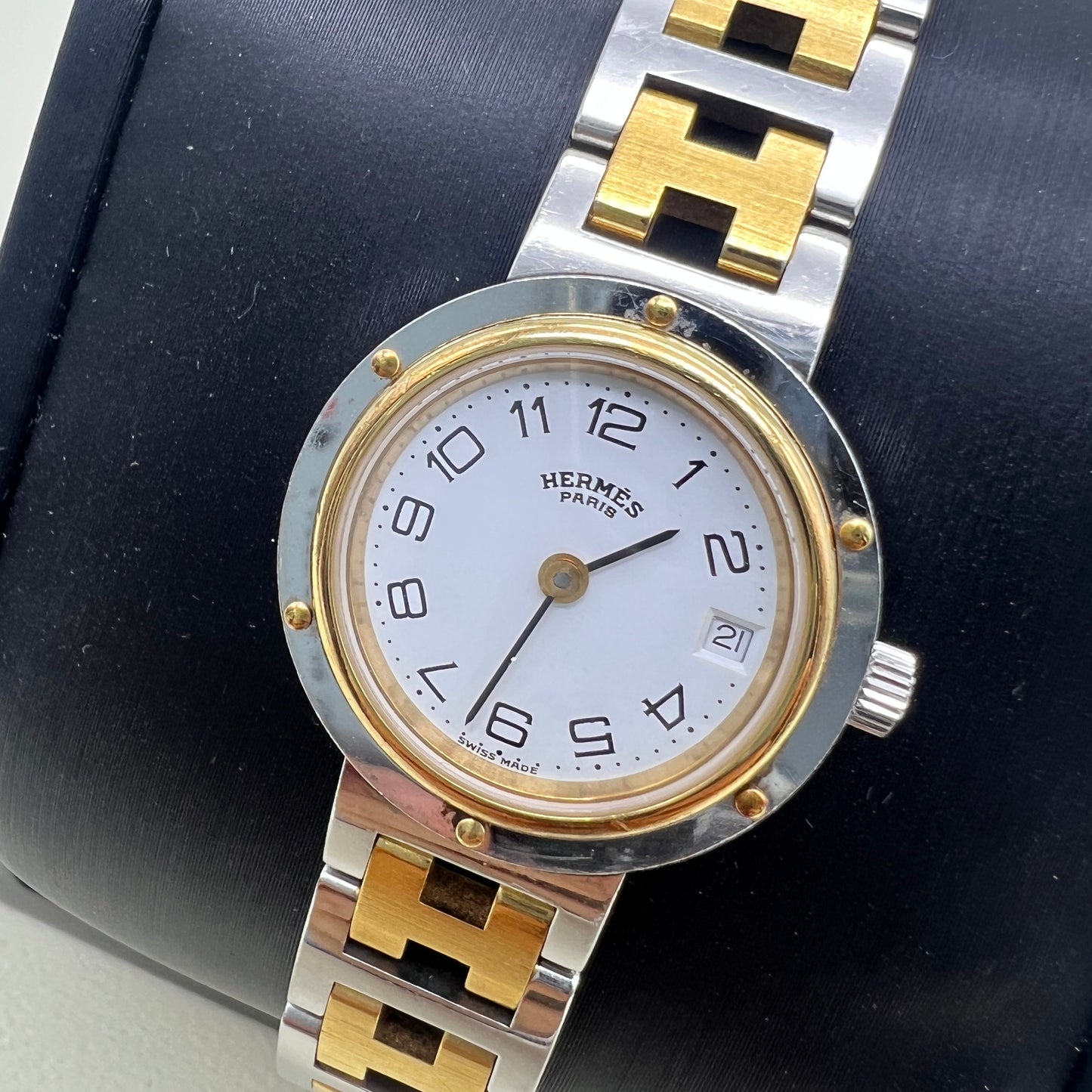 Hermes Vintage Clipper Ladies Watch White Face With Date and H Bracelet