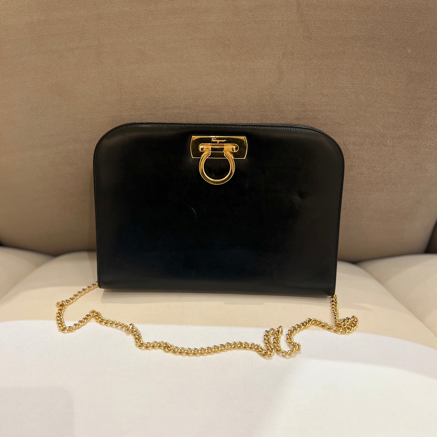 Ferragamo Vintage Golden Gancini Buckle with Golden Chain Shoulder Bag