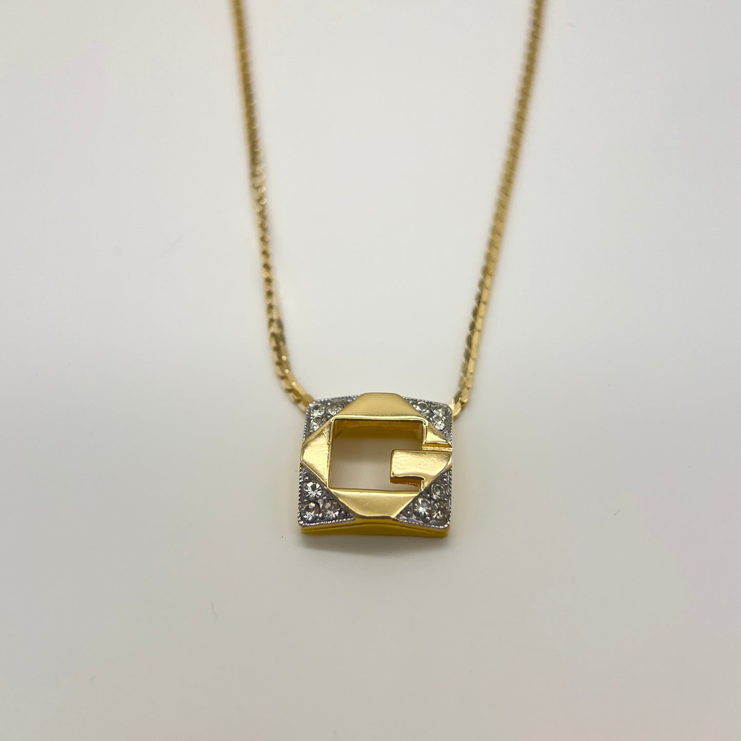 Givenchy Vintage G Logo In Square Shape With Rhinestone Golden Necklace