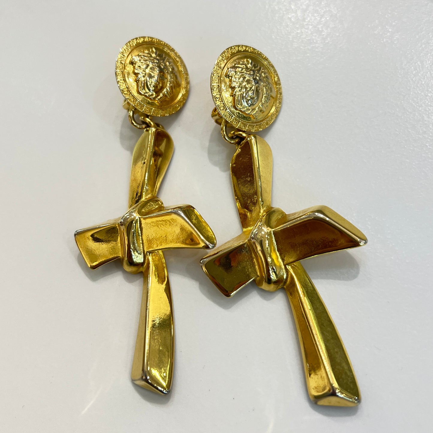Versace Vintage Golden Medusa With Cross Dangling Clip-On Earrings