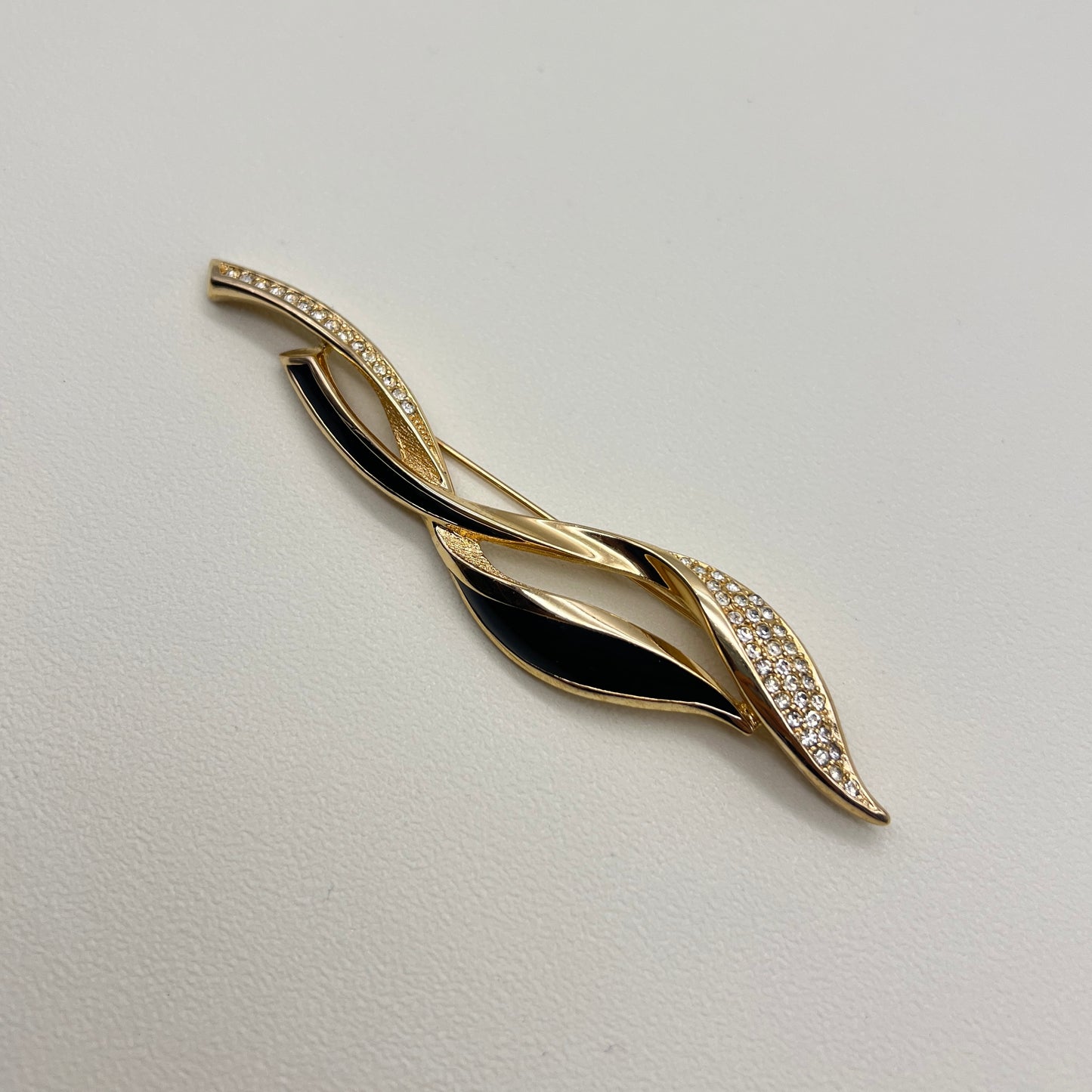 Christian Dior Vintage Leaf Motif Black and Rhinestone Golden Brooch